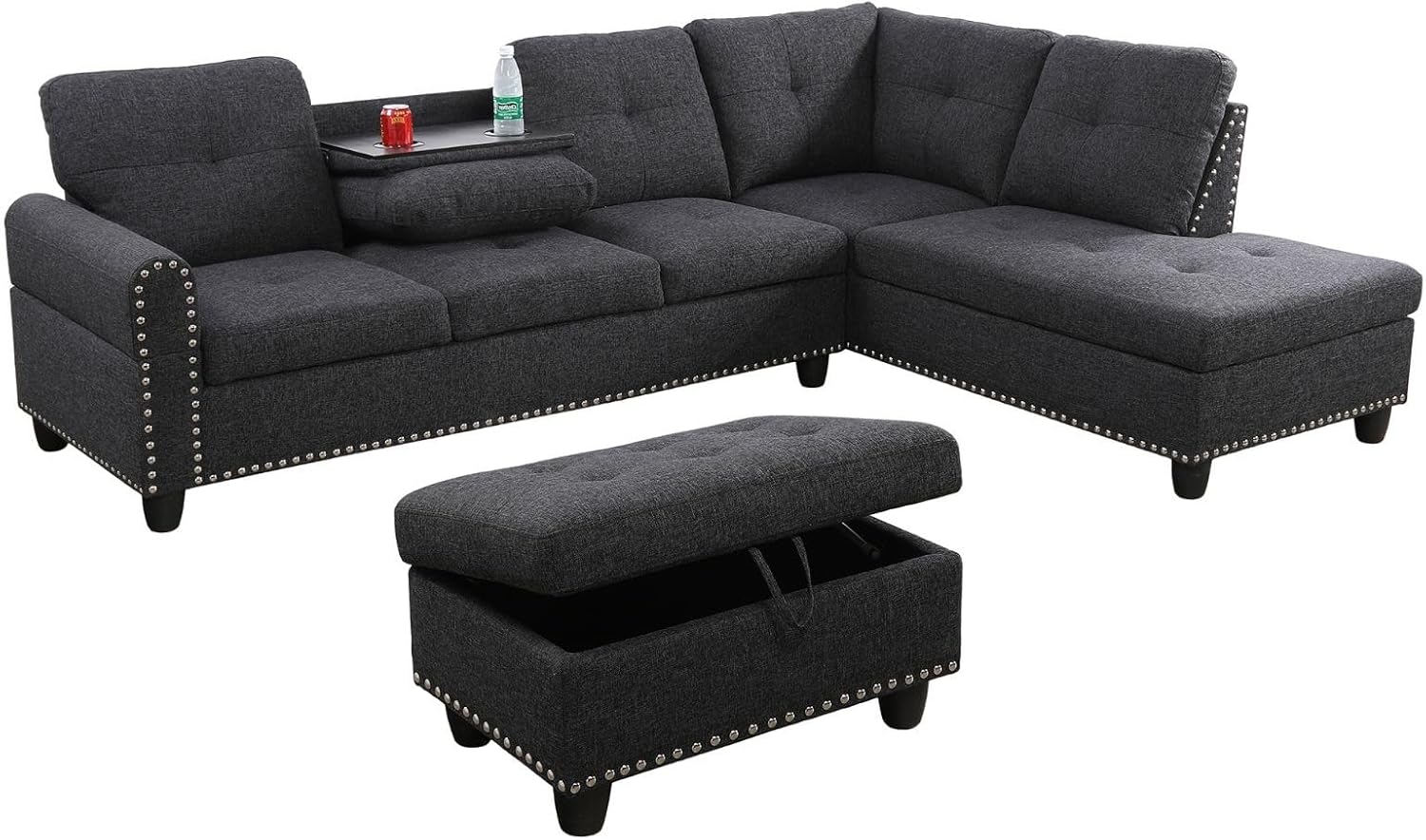 3-Piece Sofa Set Chaise+Sofa+Ottoman Black Grey Linen, with Decorative Copper Nails, Sofa with Reversible Coffee Table Cup-Holder(O)