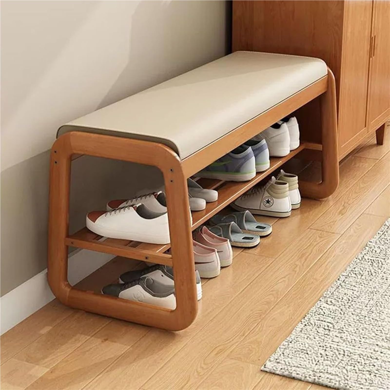 Banc de rangement rustique en noyer 55cm avec siège rembourré pour entrée et salon