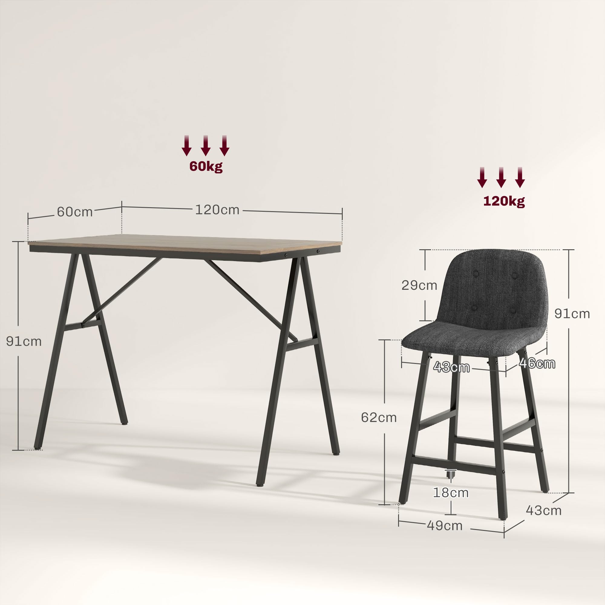 HOMCOM Table de Bar avec Tabouret de Bar, Ensemble de 5 pièces pour Manger, Table de Cuisine, Table de bistrot avec 4 chaises, Ensemble de Tables de Bar pour Cuisine, Salon, Acier, Gris foncé, 120 x