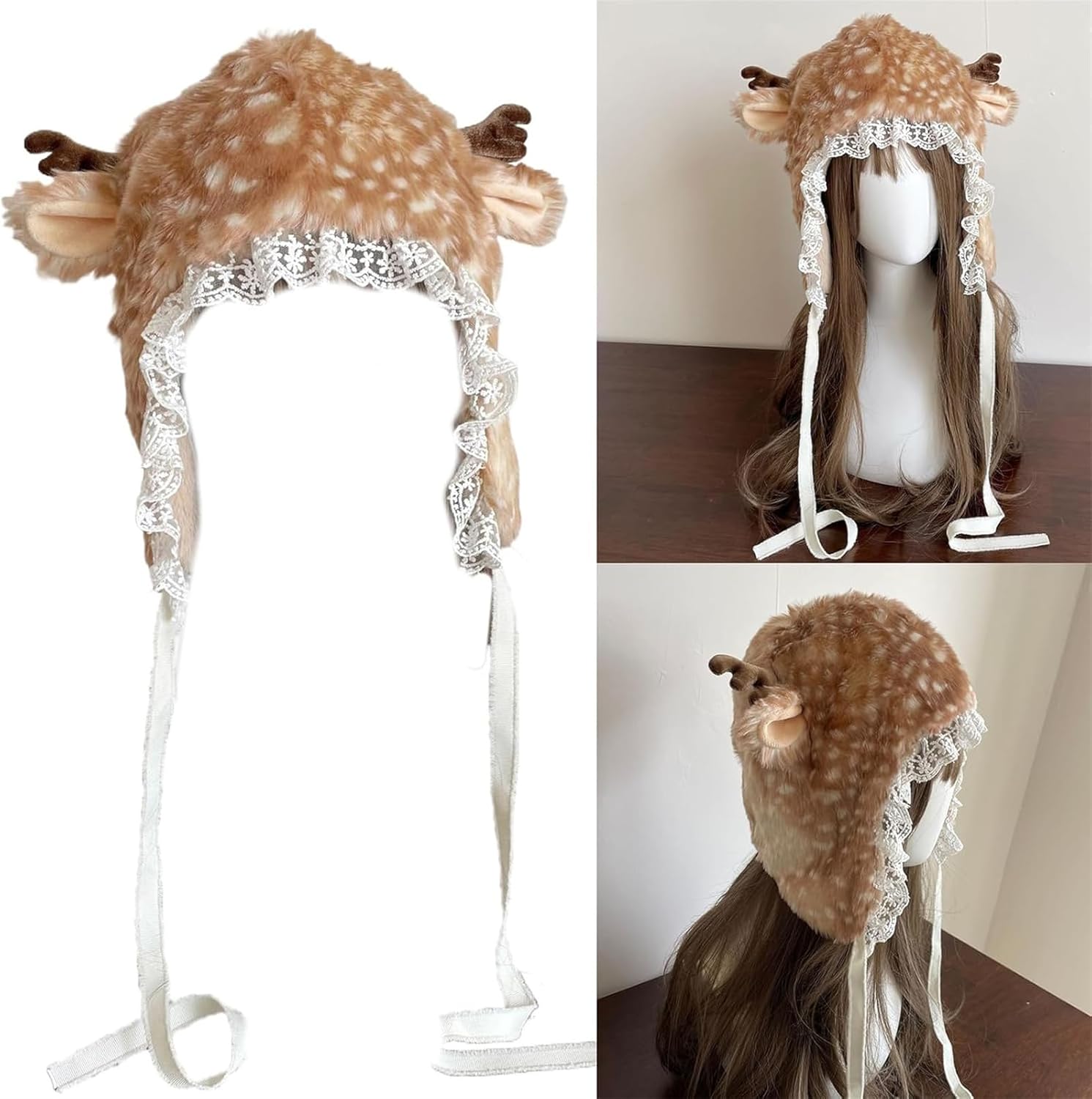 Y2k Deer Print Furry Leg Warmers for Women, Cartoon Head Wrap Lace Brim Hat Costume Clothes Accessories