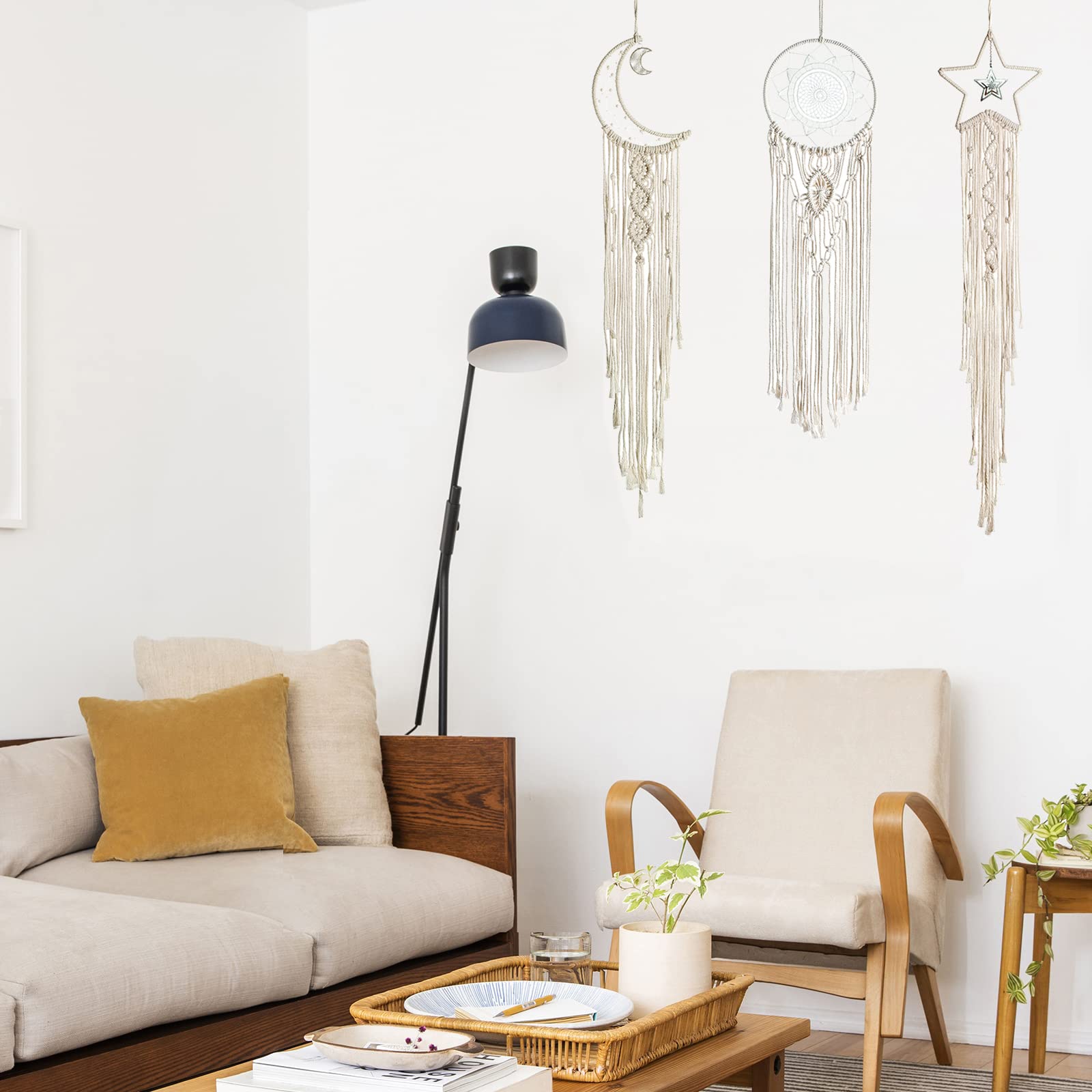 3 Pezzi Macramé Boho Acchiappasogni Decorazione della Parete Sole e Luna e Stella Arazzo Intrecciato Bohemian Chic Wall Art Decor per Casa Regalo Ragazza
