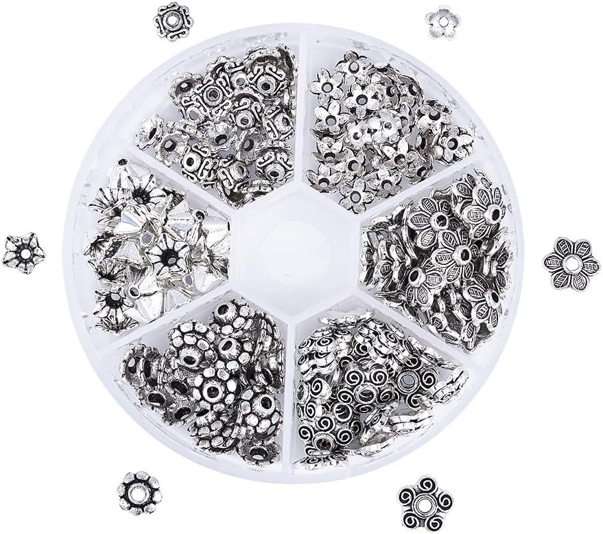 Beadthoven 180Pcs 6 Styles Tibetan Style Alloy Flower Spacer Bead Caps Cones End Caps with Container for Jewelry Making Hole: 1-2mm