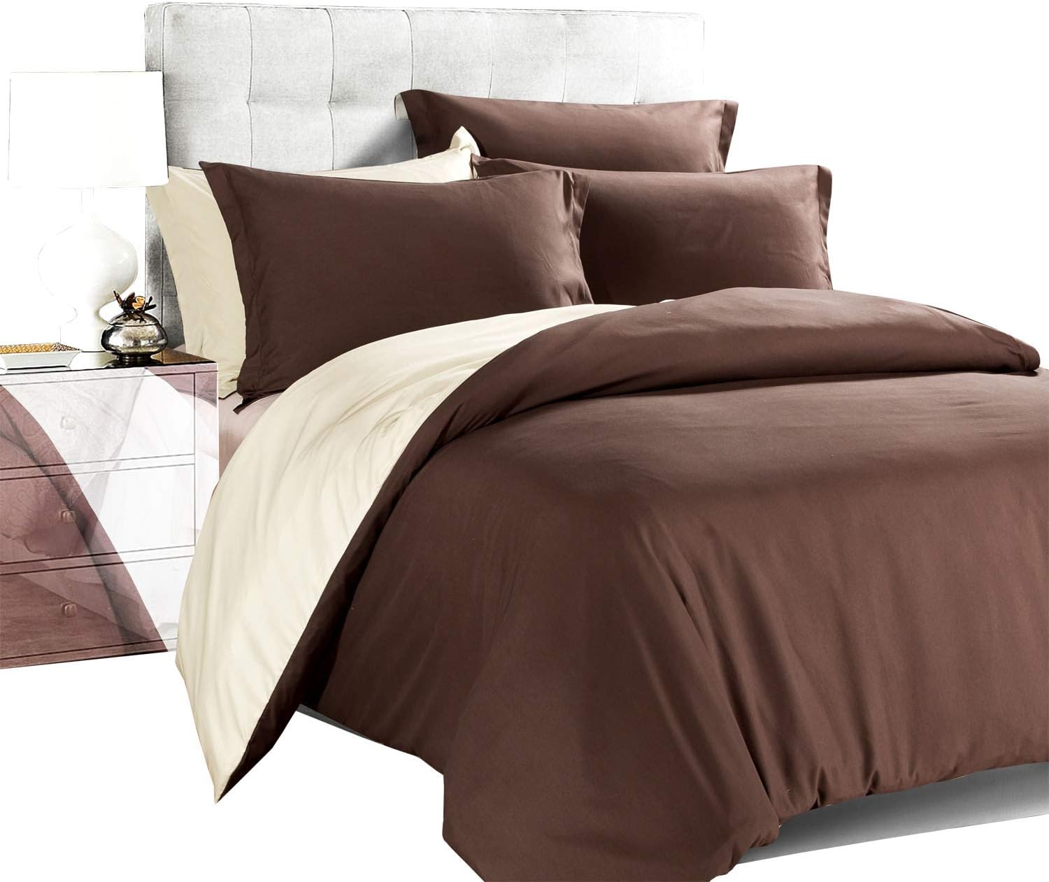 Imperial Rooms Glamorous Plain Reversible Dyed Duvet set Quilt Duvet Cover Bedding Set bed sheets duvet tog (Double/Brown & Cream) Include 1 duvet set and 2 pillow cases