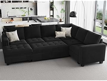 Belffin Modular Sectional Sleeper Sofa with Pull Out Bed U Shaped Sectional Sofa Couch with Storage Ottoman Velvet Covertible 7-Seater Sofa for Living Room Black