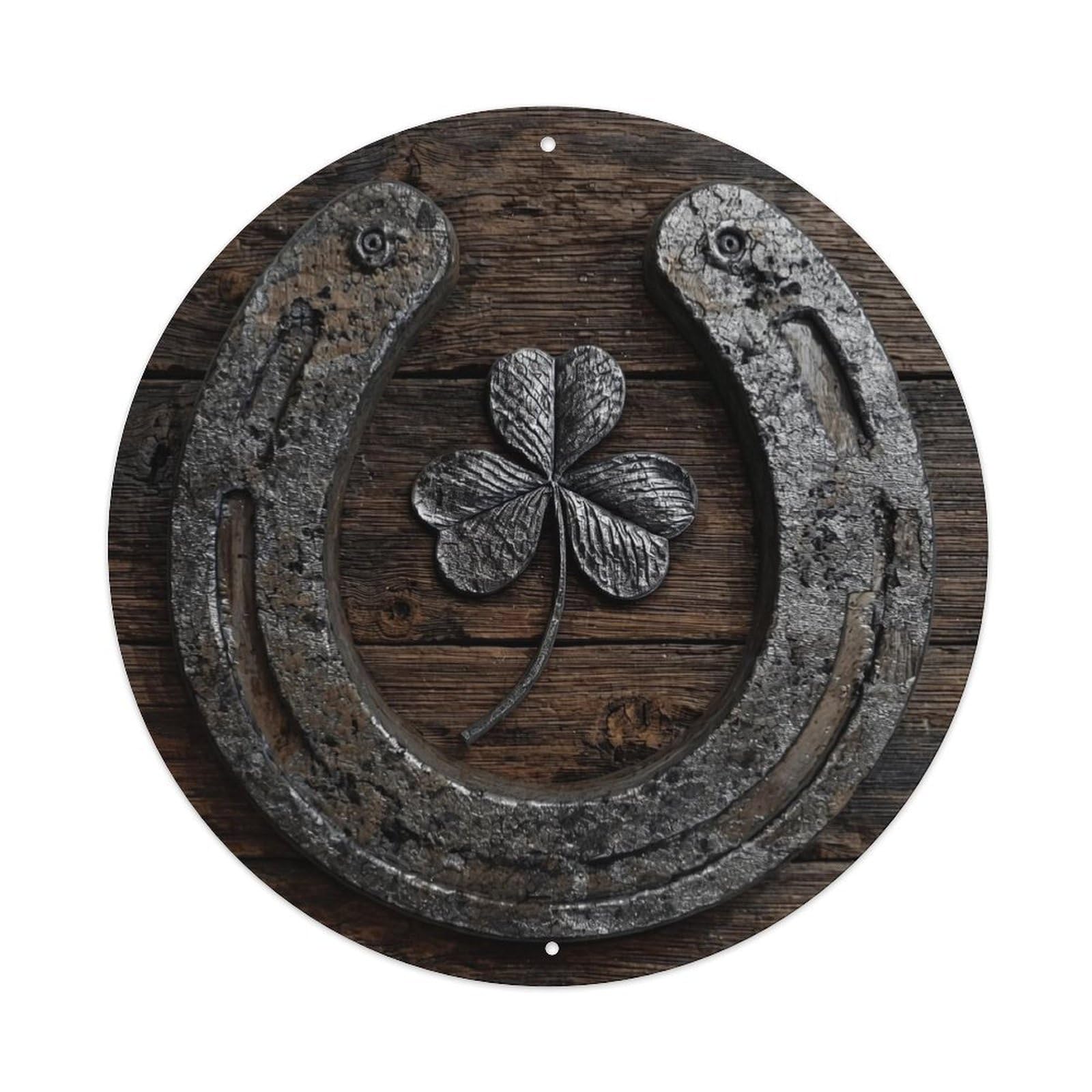 Horseshoe Clover Wood Texture Pattern Retro Metal Sign Round Tin Sign, Vintage Decor Art Poster for Bar, Home, Man Cave, Kitchen, Laundry Room Gift 8x8Inch