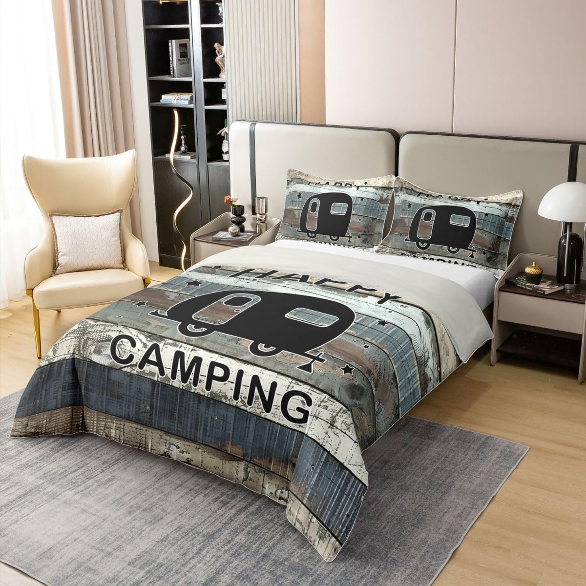 Homewish Happy Camping podwójna pościel zestaw czarny kamper bawełna poszewka na kołdrę vintage drewniane deski poszewka na kołdrę rustykalne zestawy łóżek wiejskich