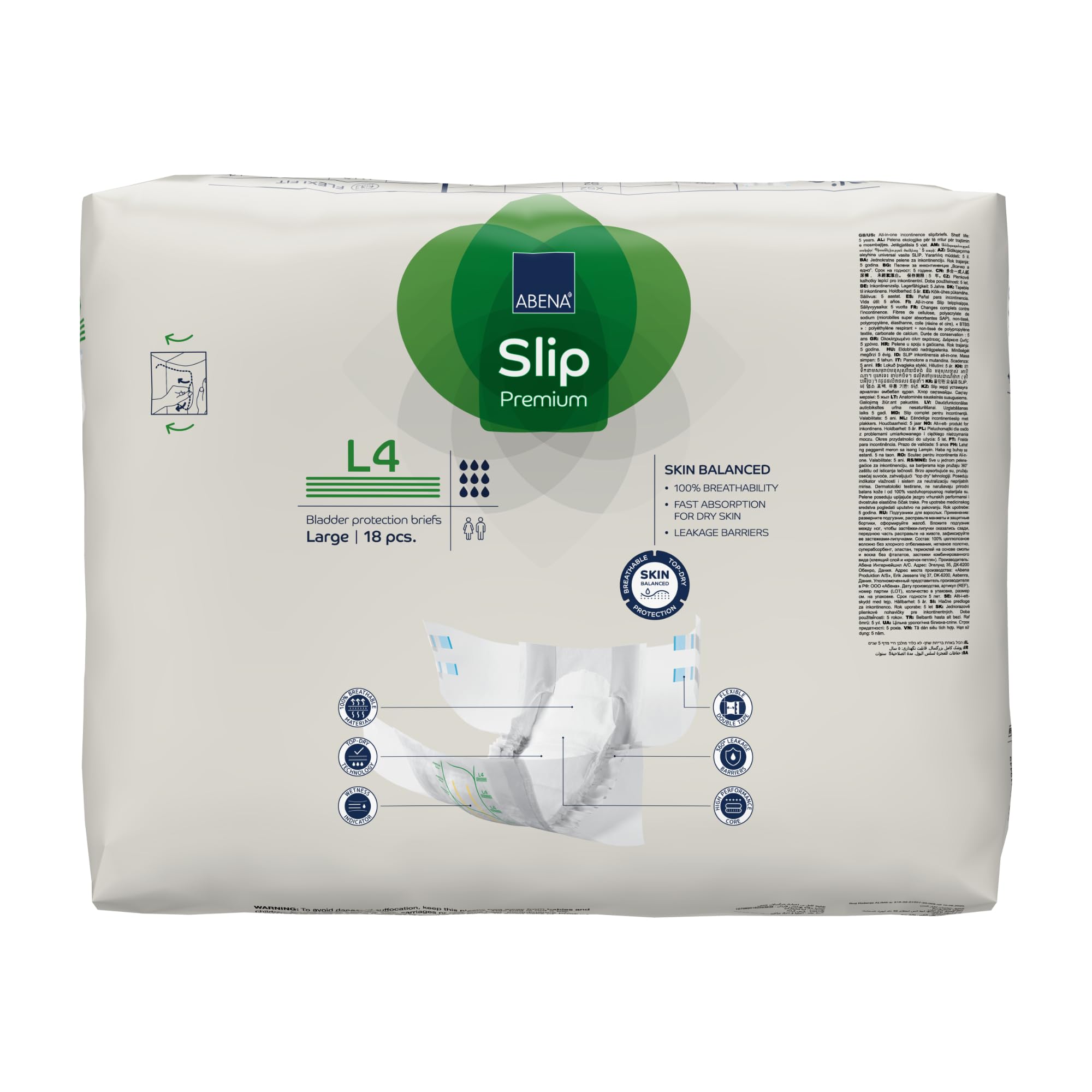 ABENA Slip Premium All-In-One Inkontinenzeinlagen für Damen und Herren, Eco-Label, Größe L 4, 100–150 cm Taille, 4000 ml Saugkraft, 4 x 18 Stück, Weiß