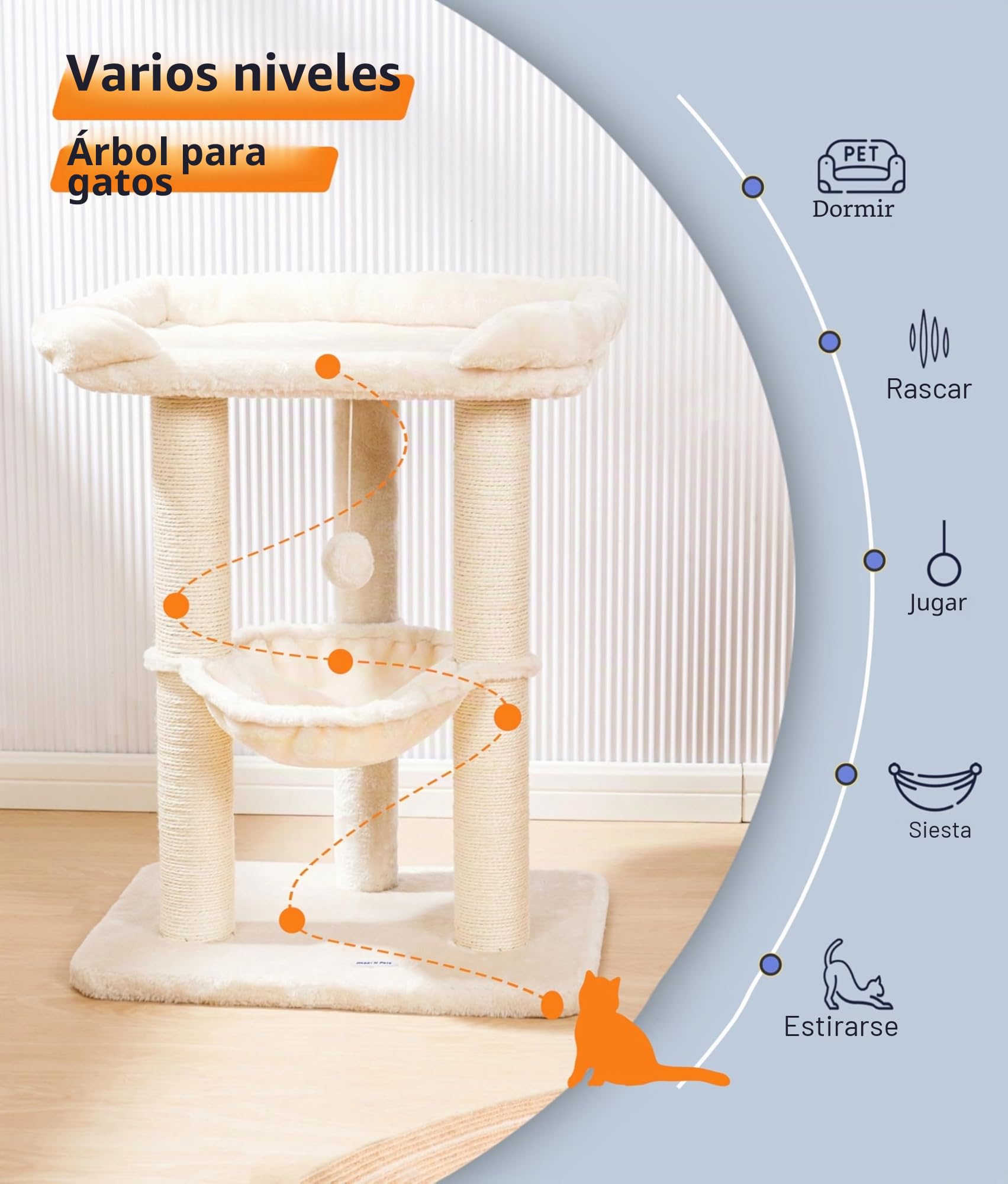 Happi N Pets Torre de árbol para Gatos de Interior de 28 Pulgadas, Poste rascador Grande y Alto con Cama, rascador de sisal con Percha Suave y Hamaca acogedora, Soporte Estable para Gatos, Funda