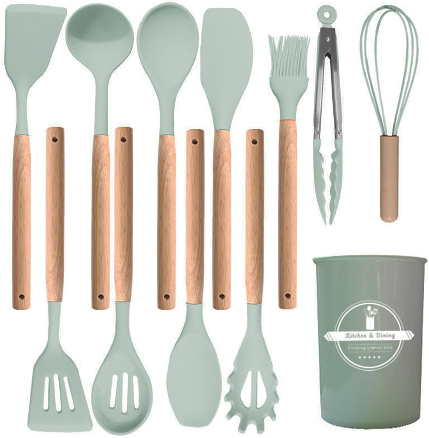 Kitchen Silicone Cooking Utensil Set with Wooden Handles Holder, Great for Cooking, Mixing, Scoop, Scrape, Non stick Heat Resistant (Green -12pcs Sets)