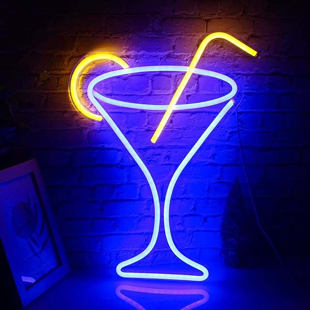 Ineonlife Cocktail Glass Neon Signs Blue Led Neon Wall Lights Martini Glass Neon Light Sign 17''x13'' Large Acrylic Led Wine Lamp for Bar Dinner Party Restaurant Wedding Decor
