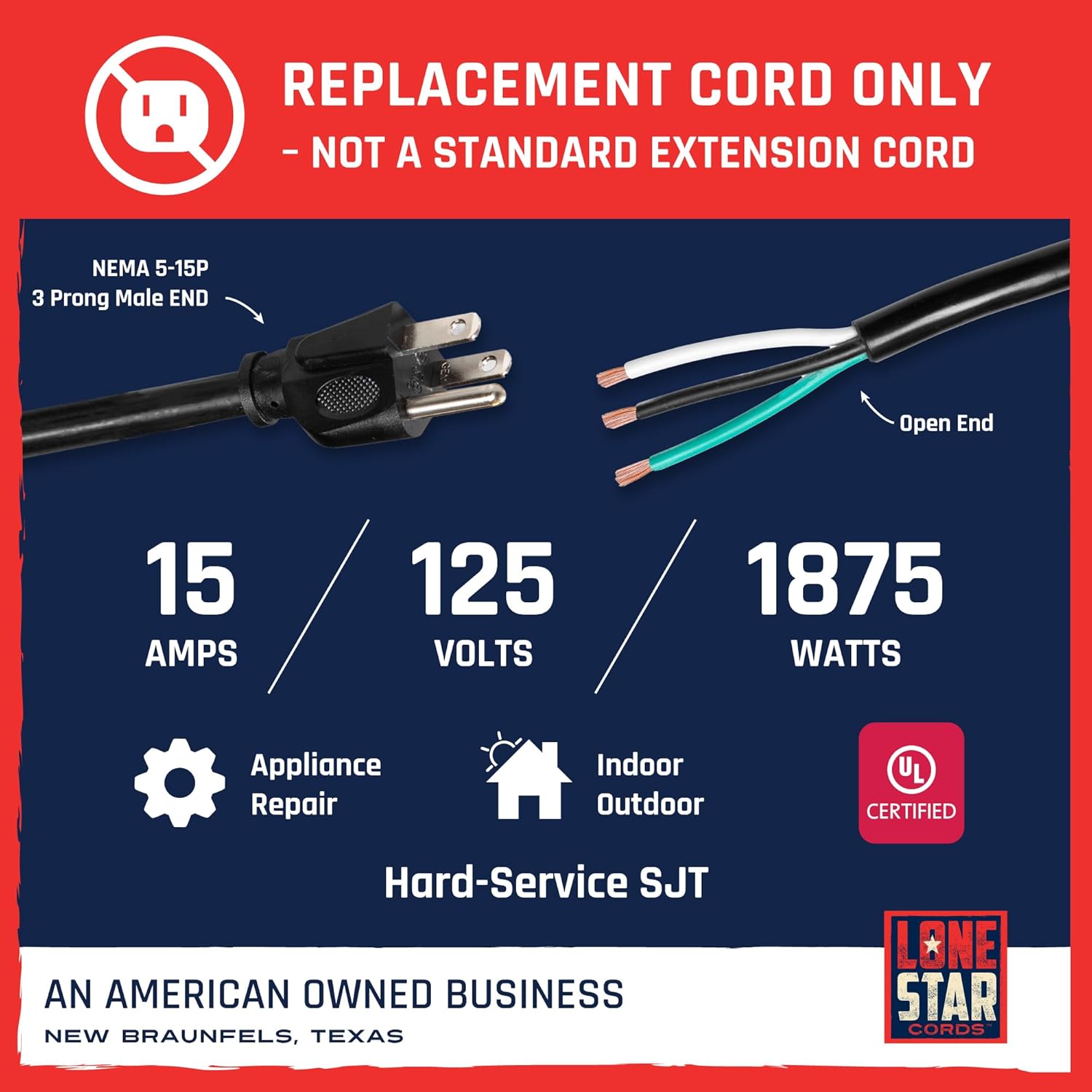 Lonestar 12 AWG Replacement Power Cord with Open End - 6 Ft Appliance and Power Tool Cord 15 Amp, 12/3 SJT, NEMA 5-15P - Texas Based American Business