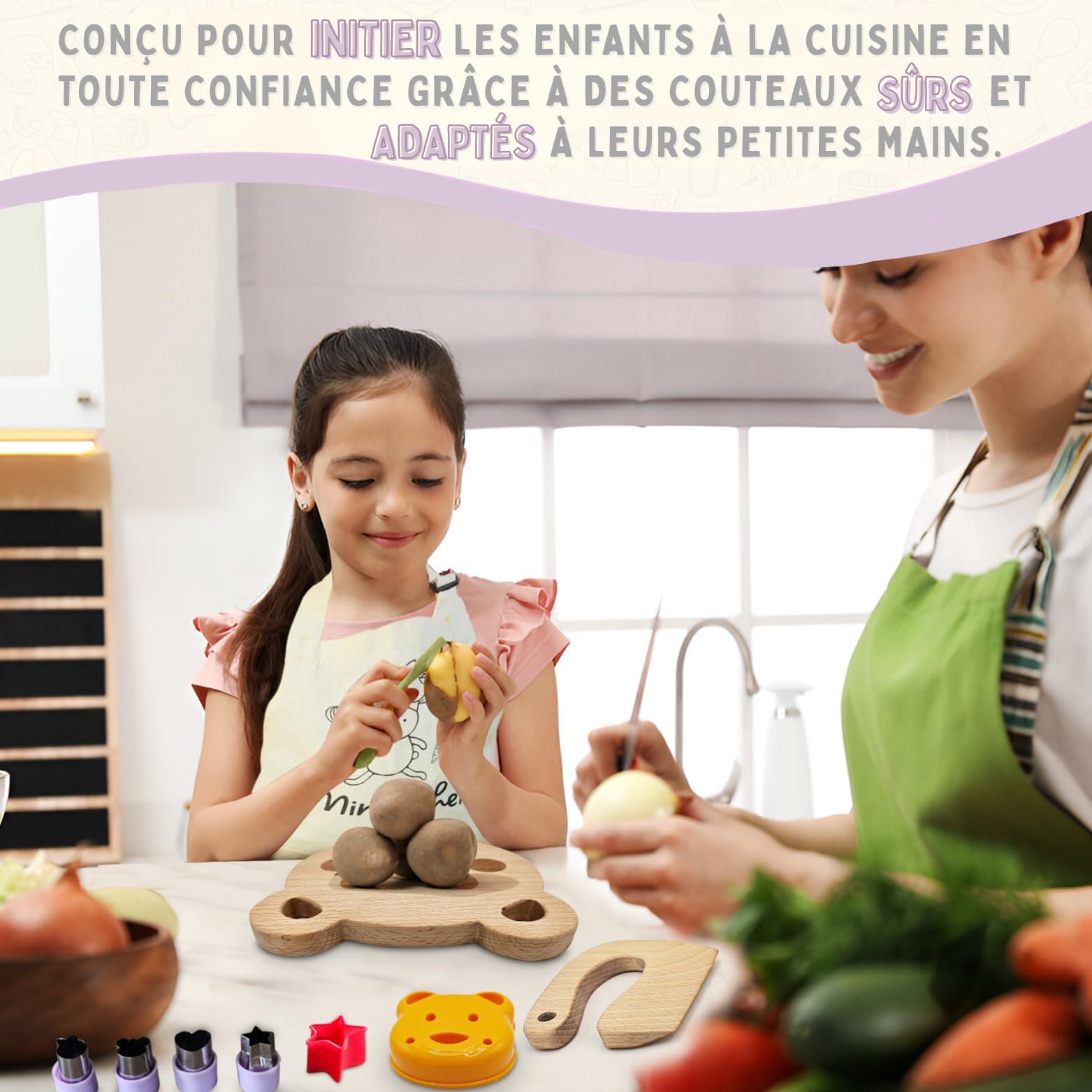 Kit Couteau sécurité de Cuisine pour Enfants - 32 Pièces, Dès 3 Ans avec Tablier et Toque - Couteau Montessori pour couper des fruits ou légumes et qui ne coupe pas les doigts
