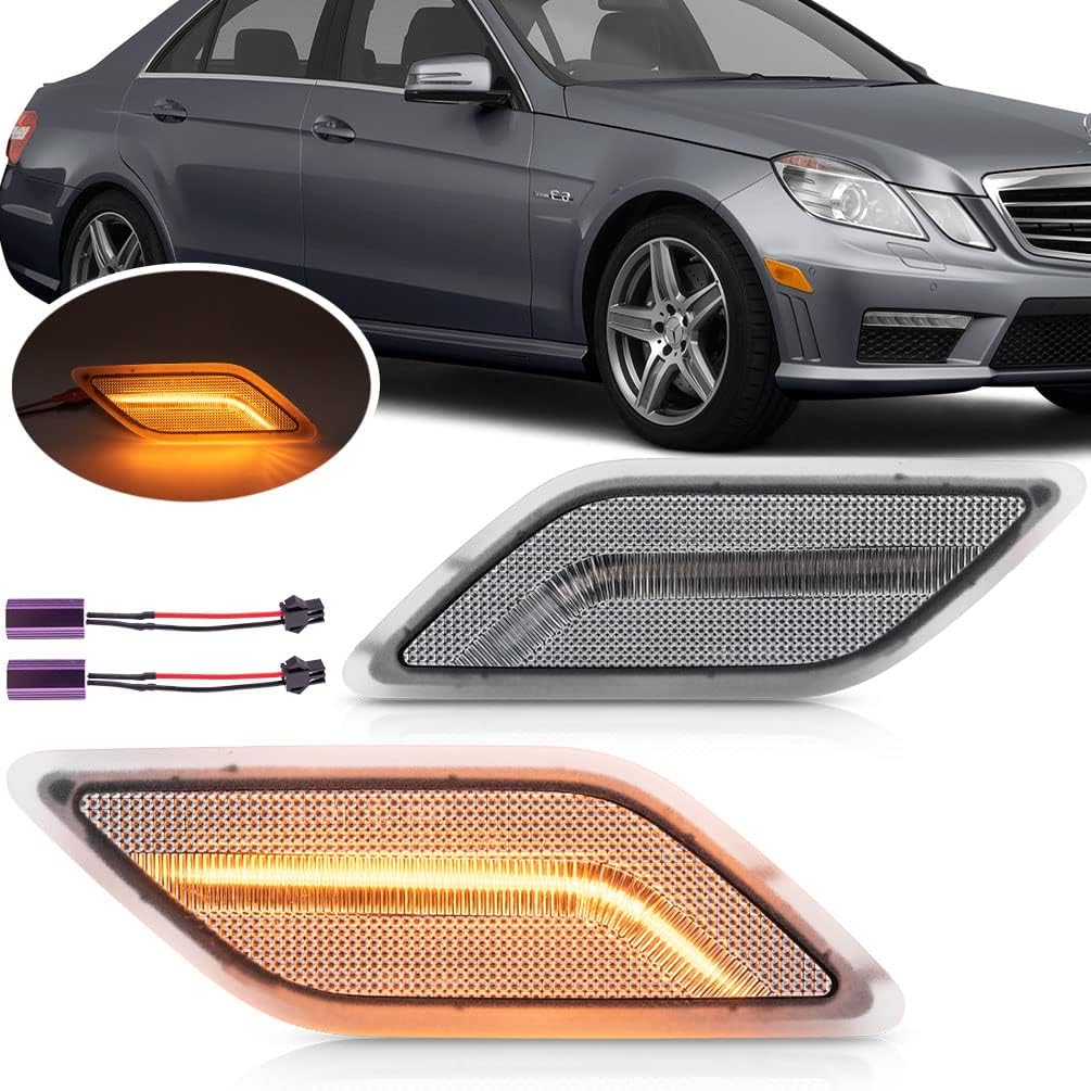 NJSBYL Clear Lens Side Marker Light Kits for 2010-2013 Mercedes Benz W212 E-Class Pre-LCI E350 E550 E63 AMG Sedan/Wagon Amber LED Front Bumper Turn Signal Sidemarker Lamps Replacements
