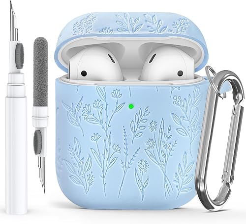 Funda para Airpods grabada con diseño de flores, con kit de limpieza, funda de silicona suave para Airpods de 21 generación, funda de carga de 21