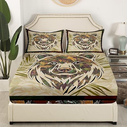 Miniatura 10 de Sábana bajera ajustable de animales de caza, diseño rústico, oso zorro, ciervo, alce, juego de sábanas de pesca para casa de campo, cabaña, casa de