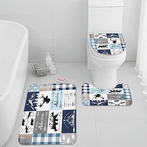 Miniatura 5 de Pamnest Juego de 4 cortinas de ducha, diseño de oso y alce, a cuadros, impermeables, con alfombras antideslizantes, tapa de inodoro y tapete de