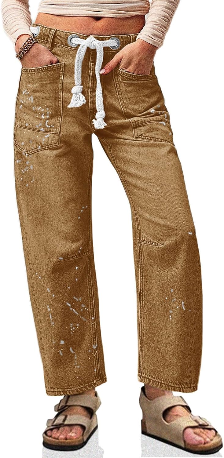 Cicy Bell Womens Baggy Barrel Horseshoe Jeans Wide Leg Drawstring Vintage Denim Pants with Front Pockets