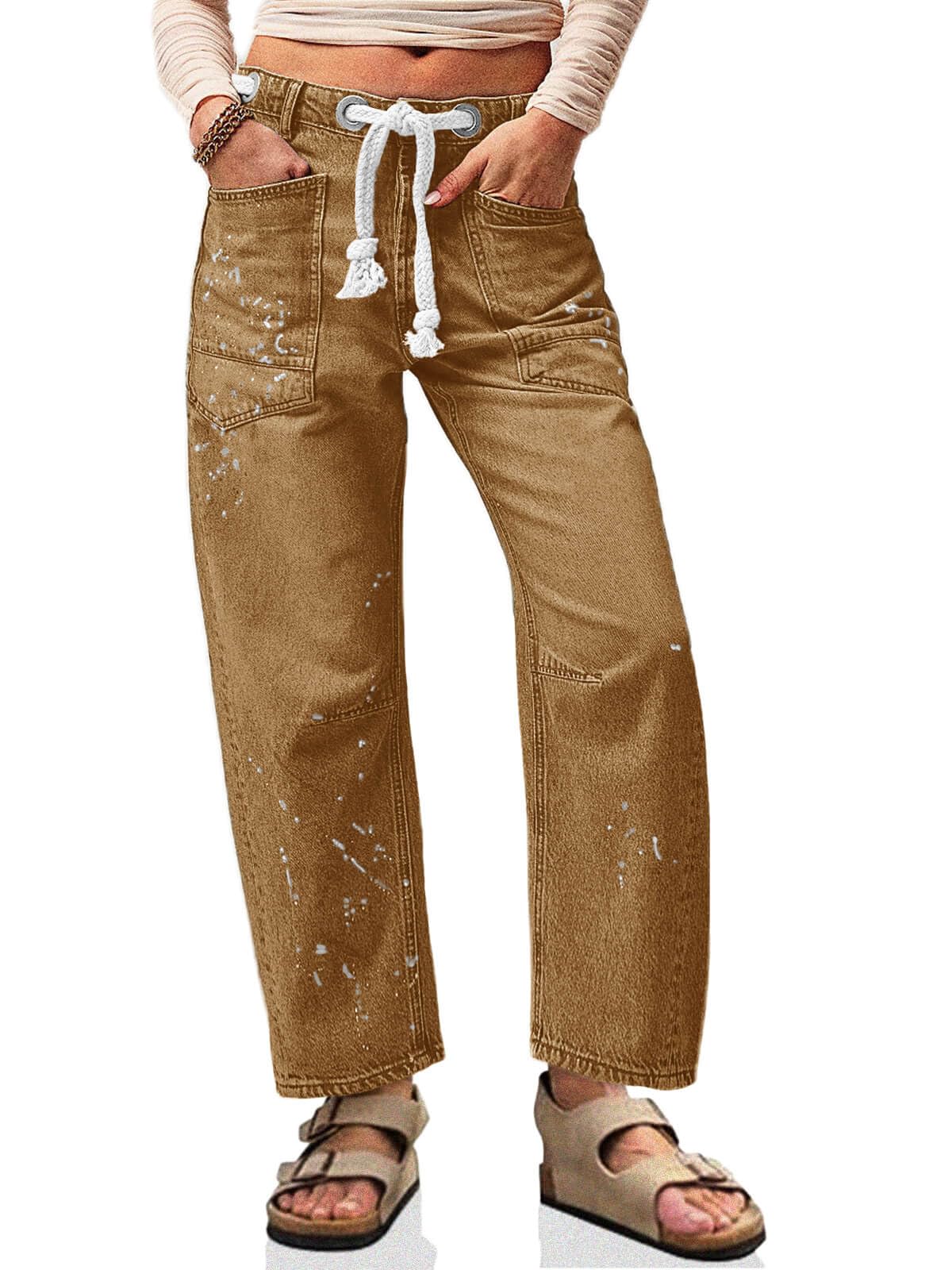 Cicy Bell Womens Baggy Barrel Horseshoe Jeans Wide Leg Drawstring Vintage Denim Pants with Front Pockets