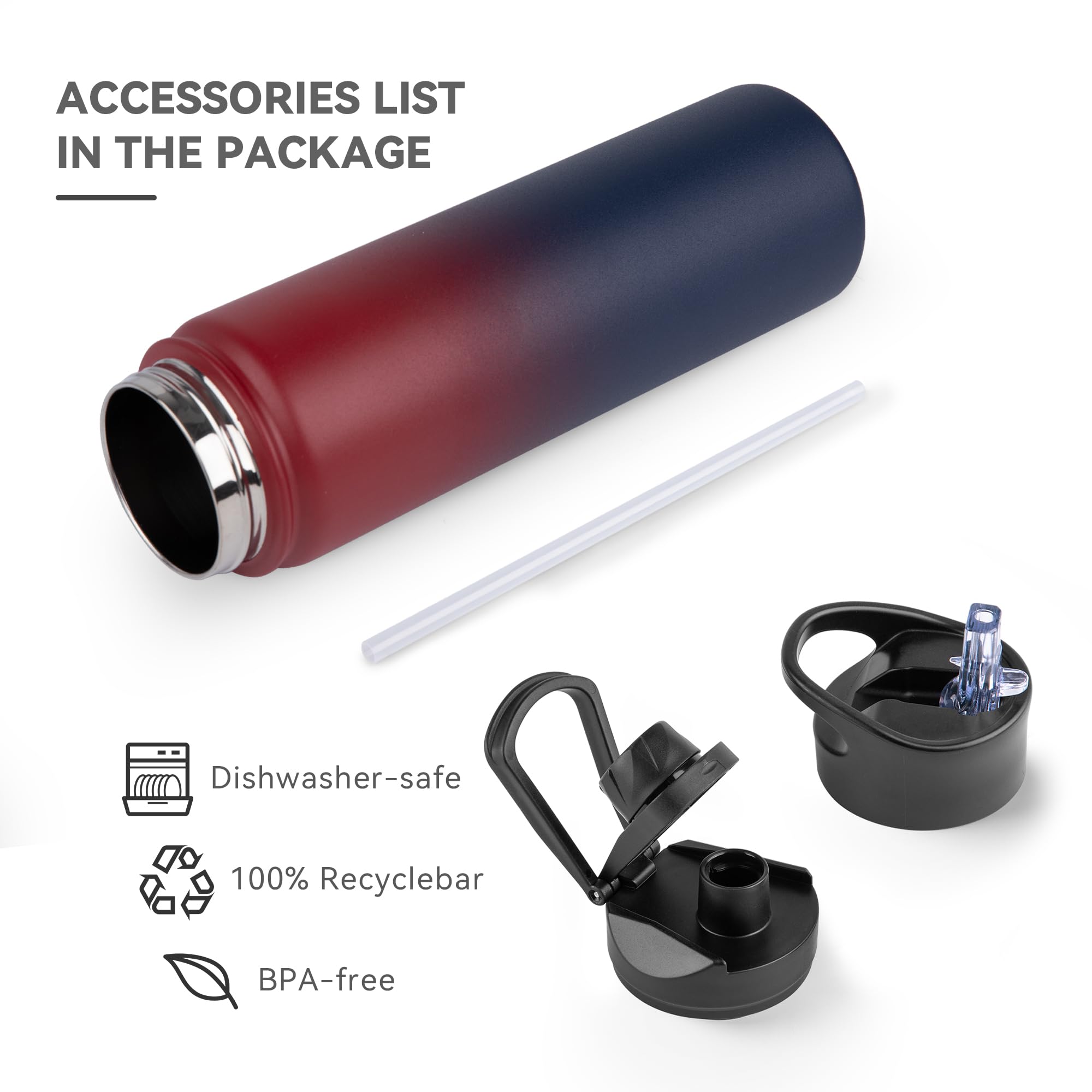 UMBFUN Insulated Water Bottle, 750ml 2 Lids (Straw Lid and Spout Lid) - Image 3