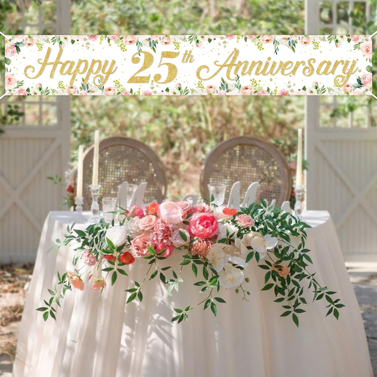 Striscione Per 25° Anniversario Di Matrimonio – Decorazione Floreale 3x0,5 M – Con Scritta Happy 25th Anniversary – Per Feste Argento