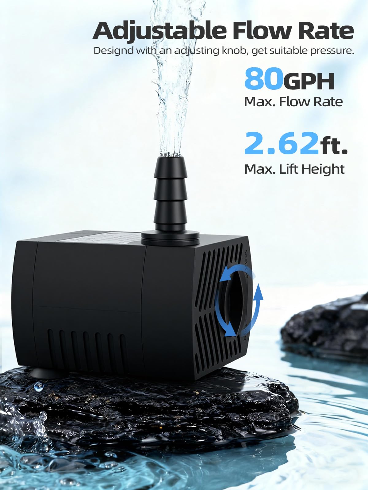 Zatapialna pompa wodna 80 GPH (300 l/h, 4 W), trwała pompa do fontanny outdoorowej z wężem 1,5 m do akwariów, akwariów, fontann stawowych, statuetek, hydroponicznych, studni wodnych