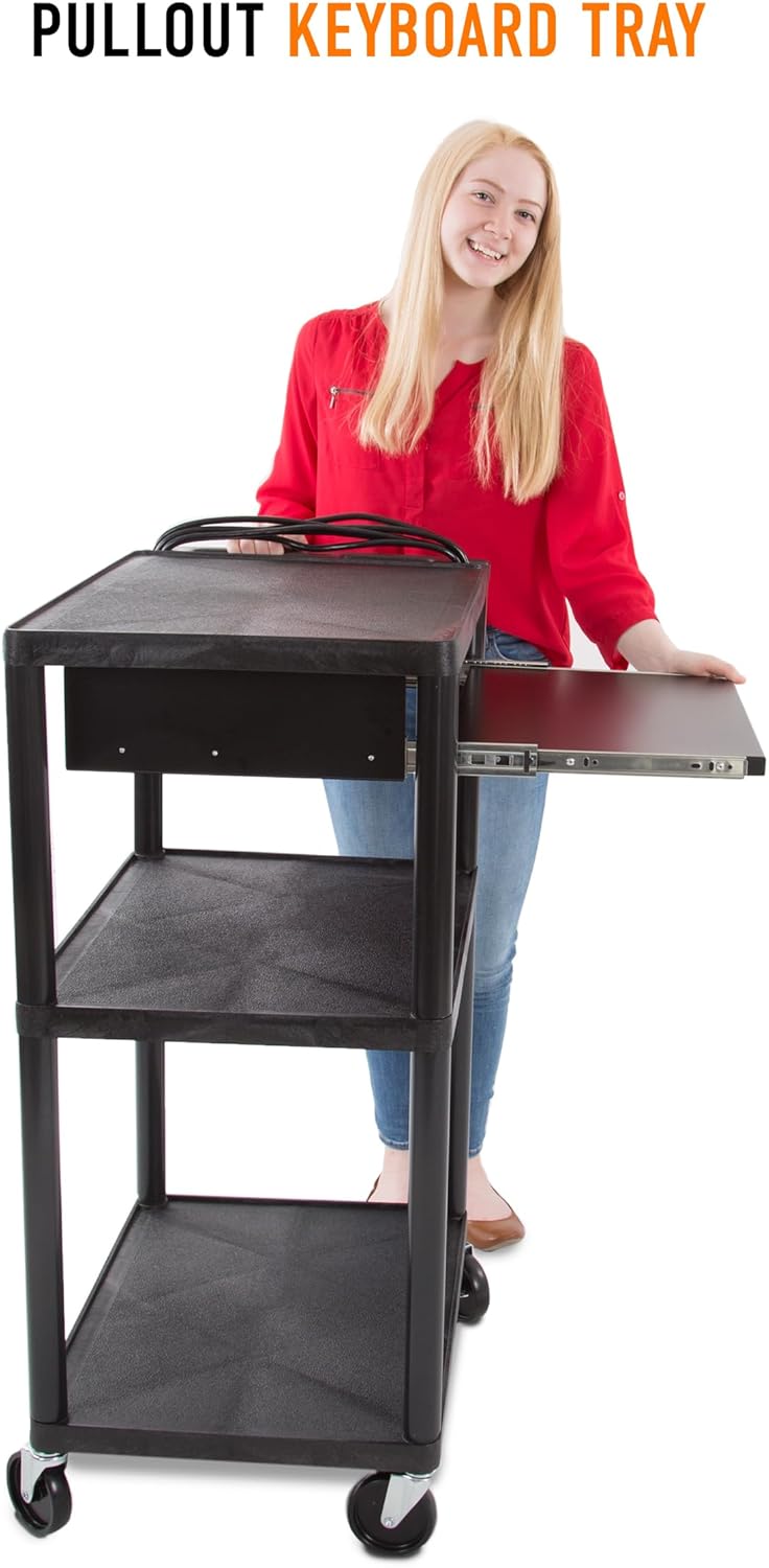 Stand Steady Line Leader 42" H Multipurpose Storage Utility Cart with 3 Shelves, Front Pullout Tray and Push Handle | Easy Assembly (24in x 18in x 42in / Black)