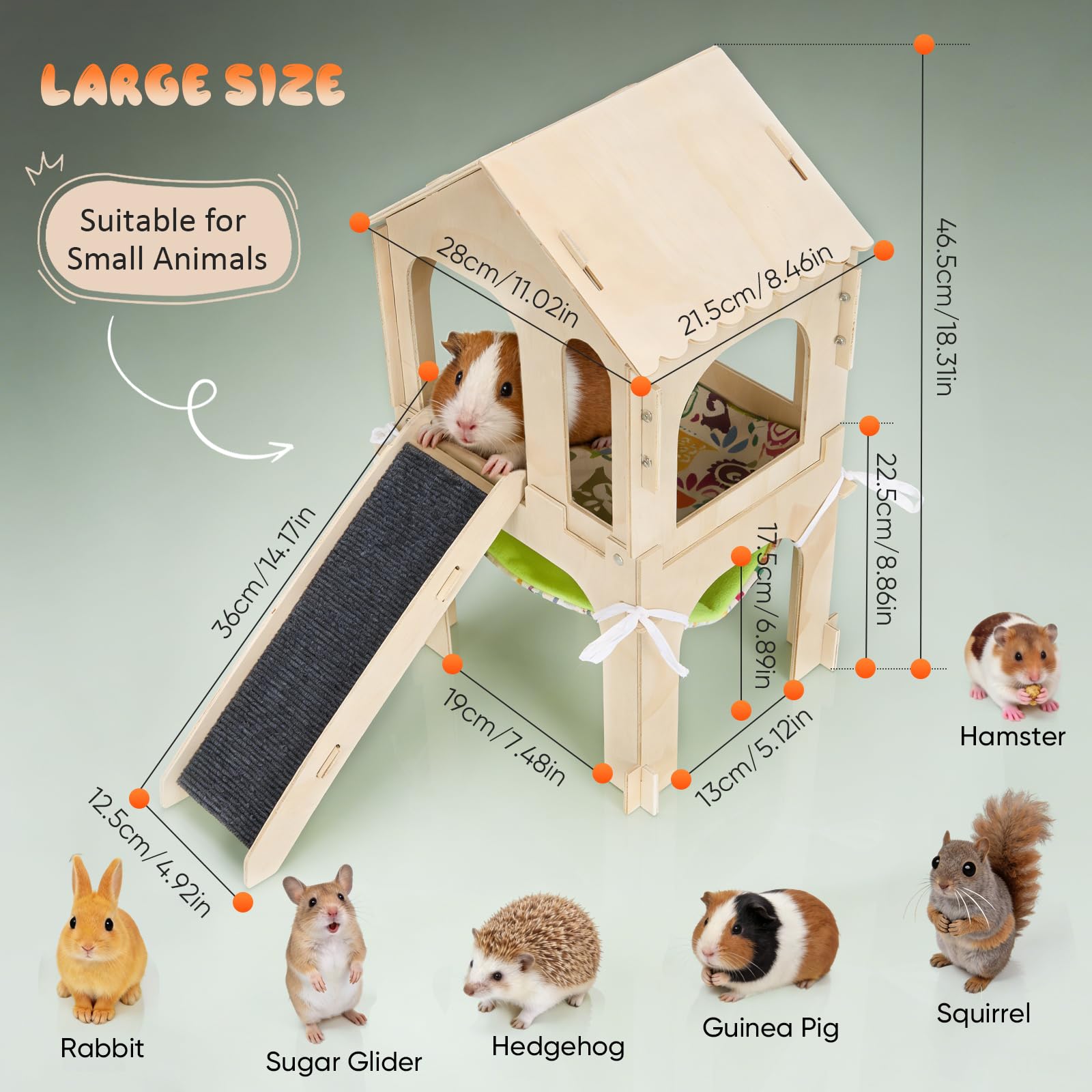 Casa per porcellino d'india in legno 3 in 1 con rampa, amaca e piattaforma | Accessori per porcellini d'india su 2 livelli per gabbie, meerschweinchen zubehoer con tessili lavabili