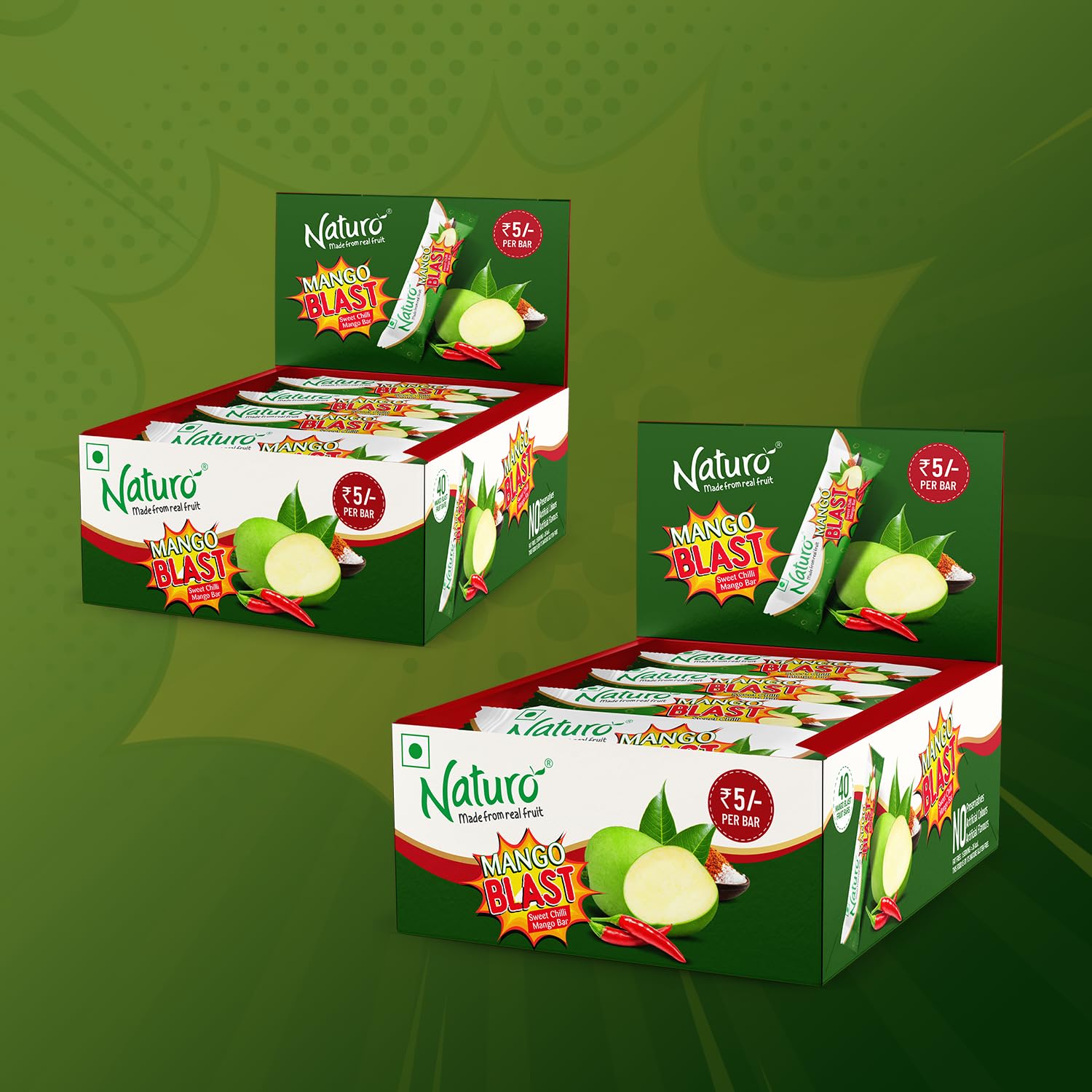 Naturo Mango Blast, Sweet Chilli Fruit Bars | Spicy & Sweet Snack | Travel Pack | Fun Fruit Snacks | 40 Bars Dispenser x 2 Packs | Gifting & On-the-Go Treat