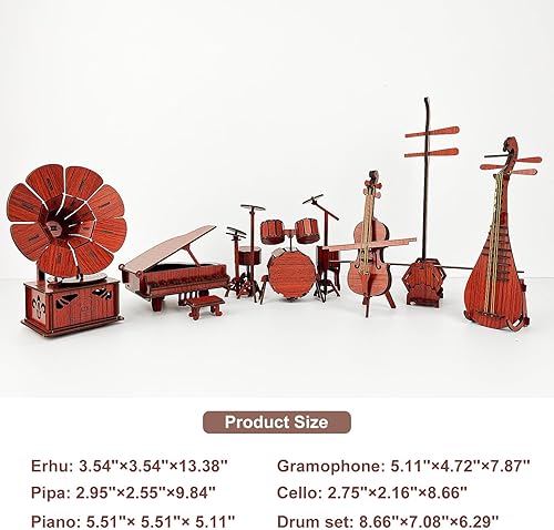 Miniatura 4 de Juego de instrumentos musicales 6 en 1 para adultos con piano, gramófono, kit de batería, violonchelo, erhu y pipa, para decoraciones de madera,