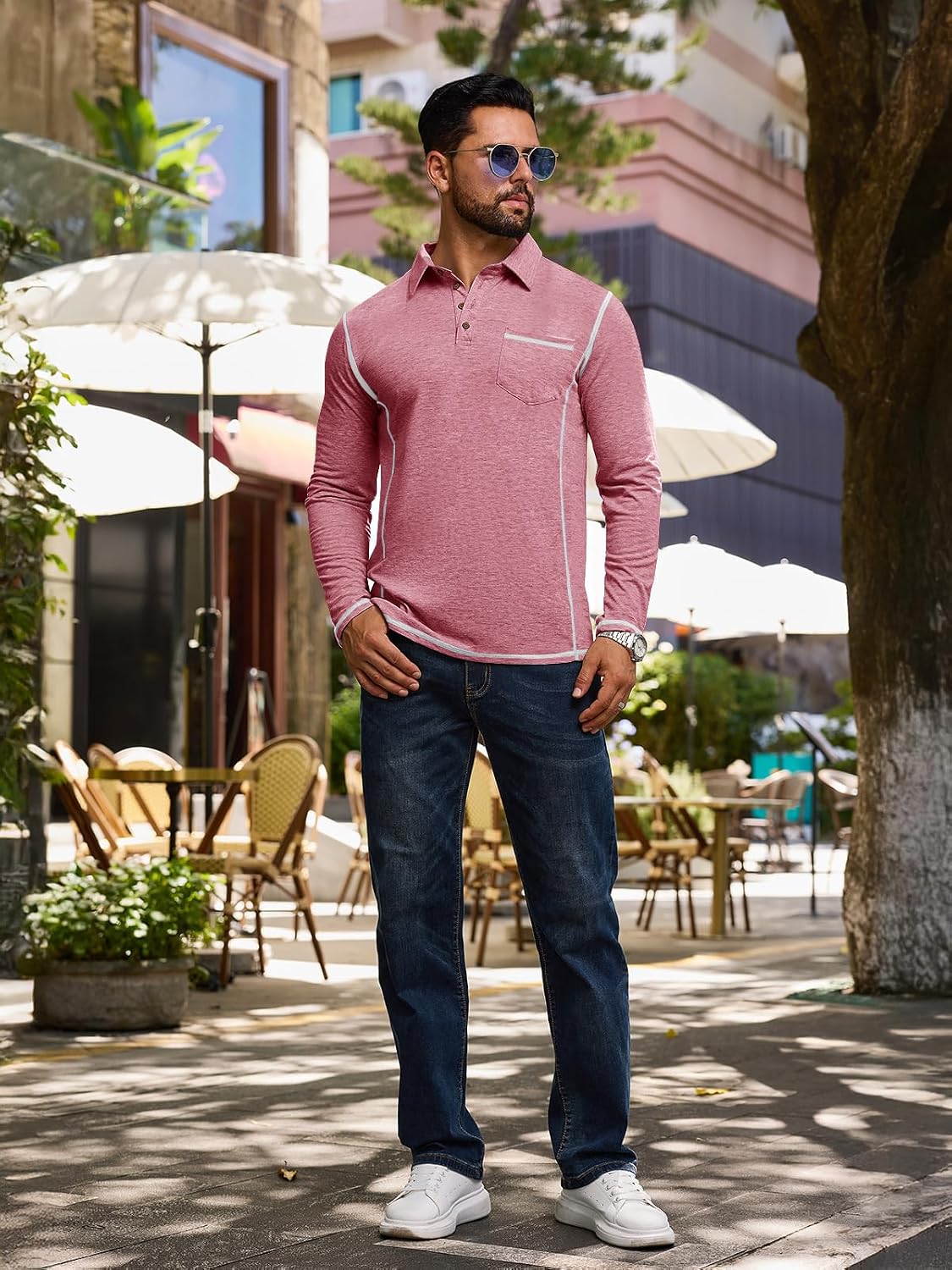 Mens Fashion Polo Shirts Classic Long Sleeve Basic Button Tees Stylish Tops Golf Shirts with Pocket