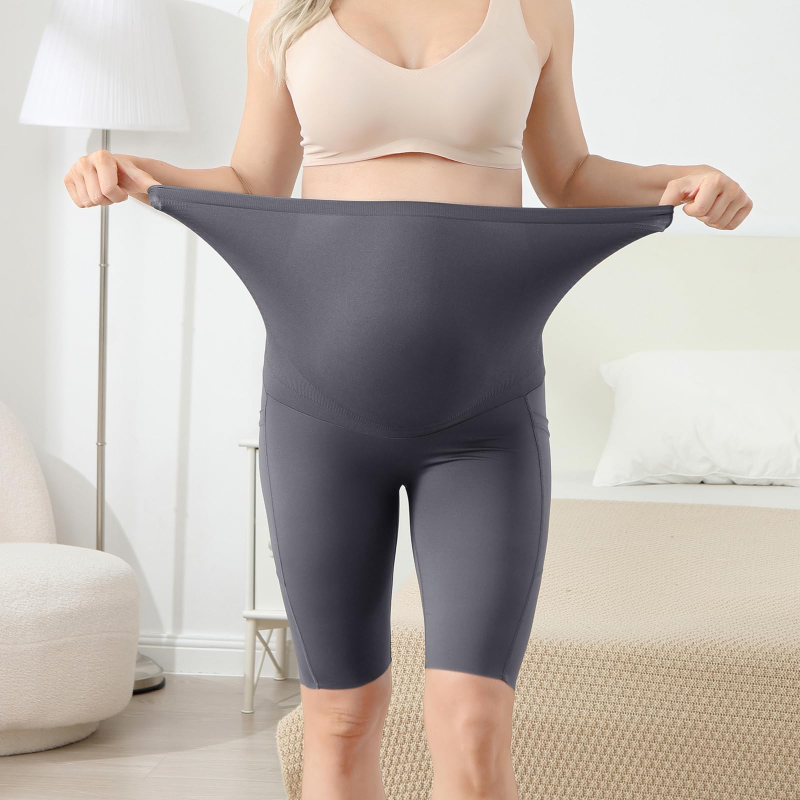 Maternidad Pantalones Cortos,Leggings Premamá Cortos Embarazo con Bolsillos,Ropa Premamá Verano Mujer,Premamá Leggins Pantalones Cortos sobre el Vientre,Cintura Alta Gris
