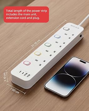 Mscien Extension Lead with 2 USB-C Slots 3M Individual Switched, 4 Way | Overload Protection, Wall Mounted, Safety Door, Fire-Resistant Shell, 13A/3250W, Wide Socket Space, Indicator Light, 8-IN-1