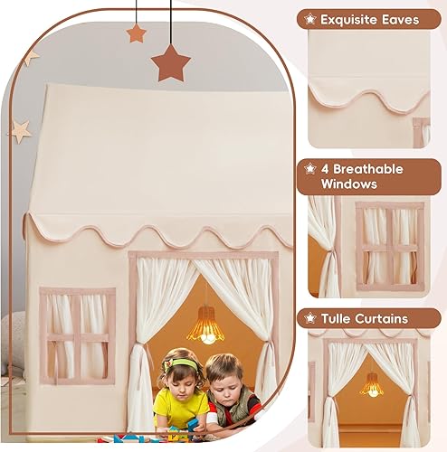 Miniatura 3 de TreeBud Tienda de campaña con alfombrilla acolchada, banderines, luces de hadas, casa de juegos color crema para niños con múltiples ventanas para