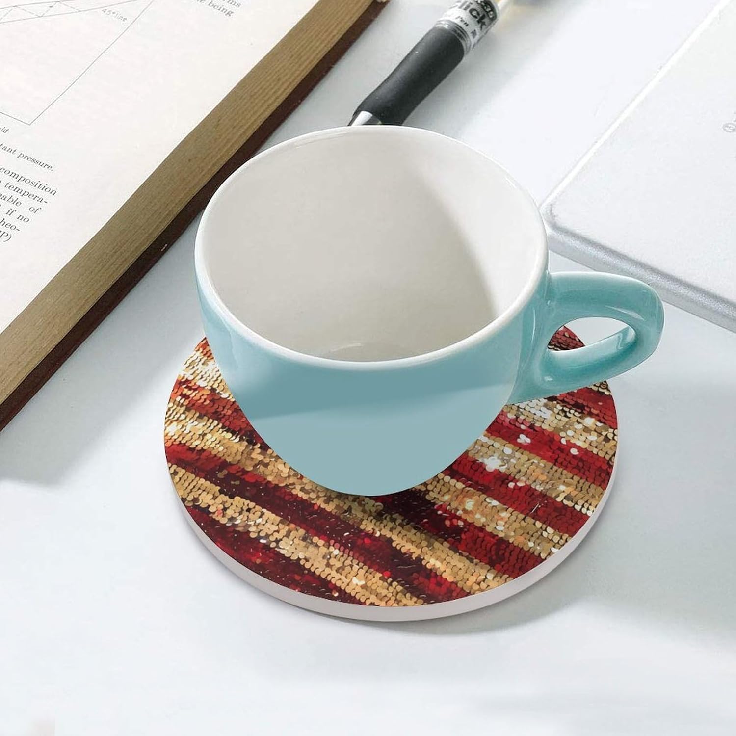 Sequin Pattern U.S. Flag Funny Round Ceramic Coasters for Drink Absorbent Cup Holders Tabletop Protection