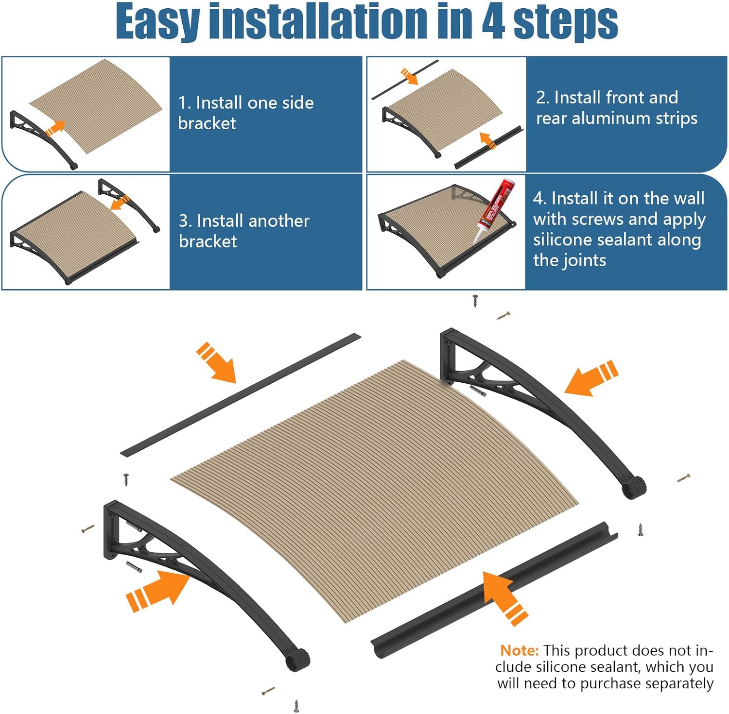 40''*40'' Window and Door Exterior, UV/Rain/Snow/Sunlight Protection Sheet,UPF 50+ Polycarbonate Overhang Canopy,House Overdoor Awnings for Door Entrance Outside/Patio/Porch/Deck