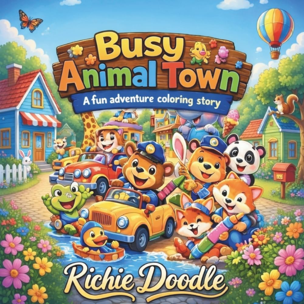 Busy Animal Town: A Fun Adventure Coloring Story