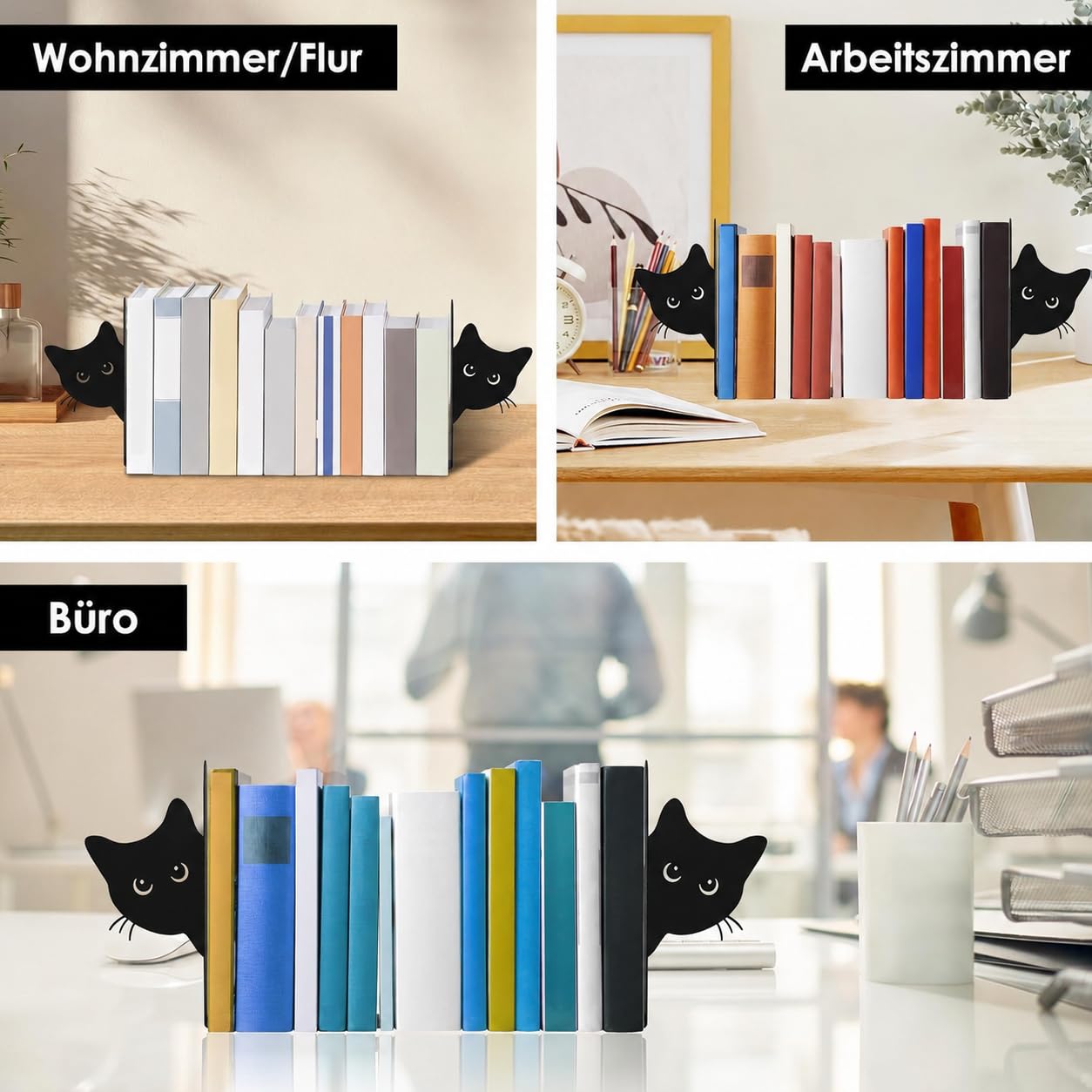 Serre-livres en métal, 2 pièces Créativité Chat Support de livres 15×4×18 cm (Largeur de la tête de chat 8,3 cm) Support de livres en métal pour l'école, le bureau et la maison, Noir (Visage