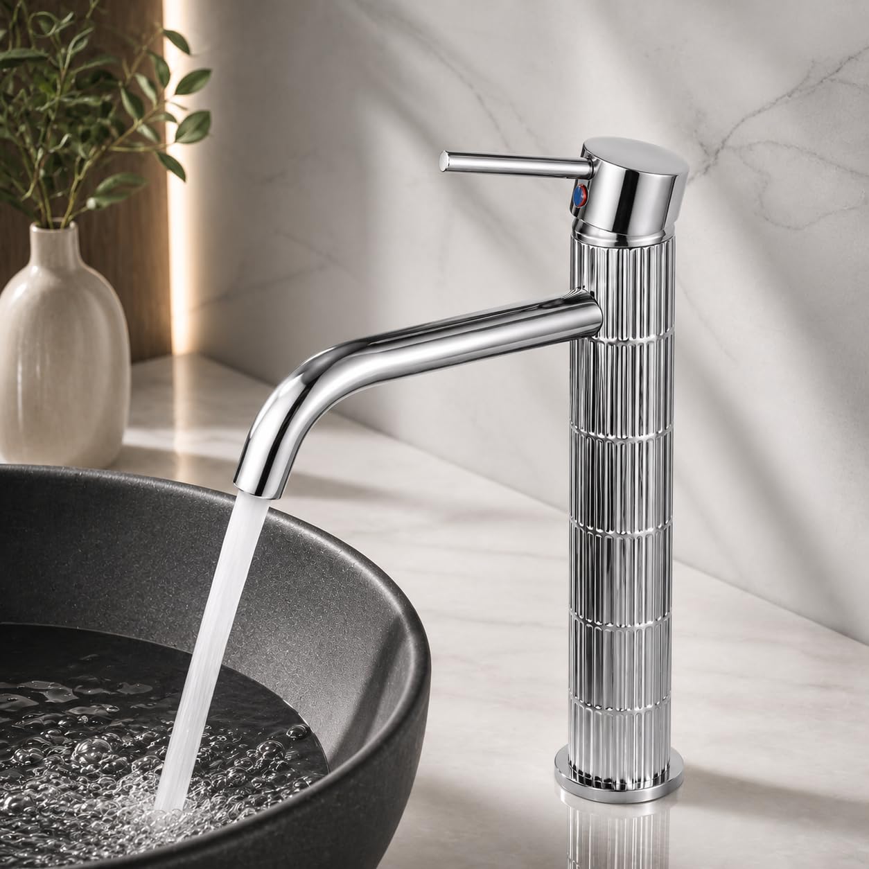 Grifo de lavabo alto monomando con cuerpo de latón, mezclador para lavabo sobre encimera, acabado cromado, cartucho cerámico duradero (Cromado, Alto)