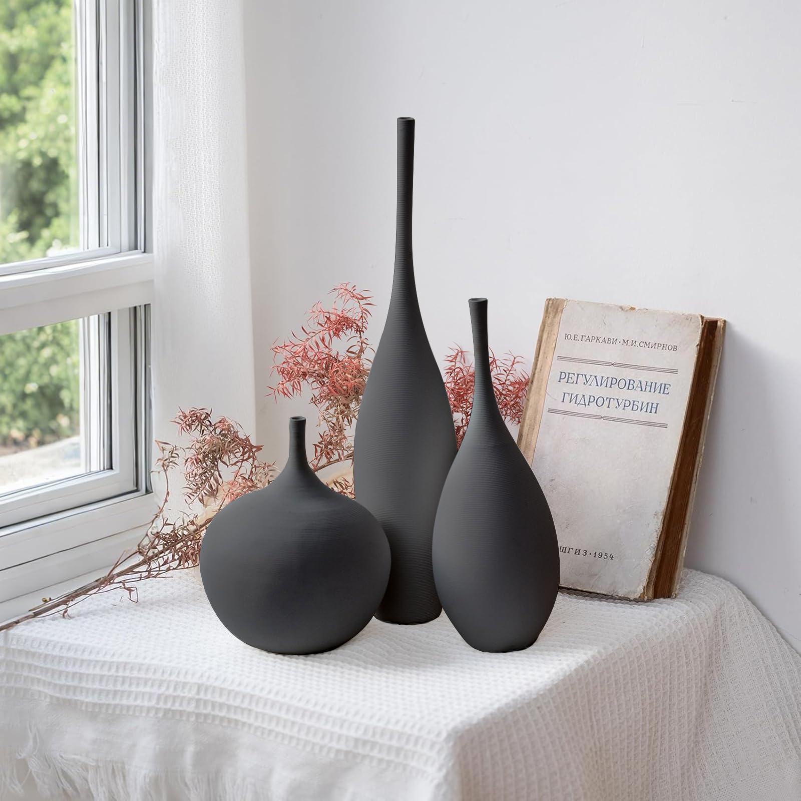 Relexome Vaso in Ceramica Nero Moderno Boho Wabi-Sabi Set di 3 Vasi Decorativi Estetici per Centrotavola Vasi Minimalisti Opachi per Soggiorno, Tavolo, Mensola, Decorazione della Casa, Regalo