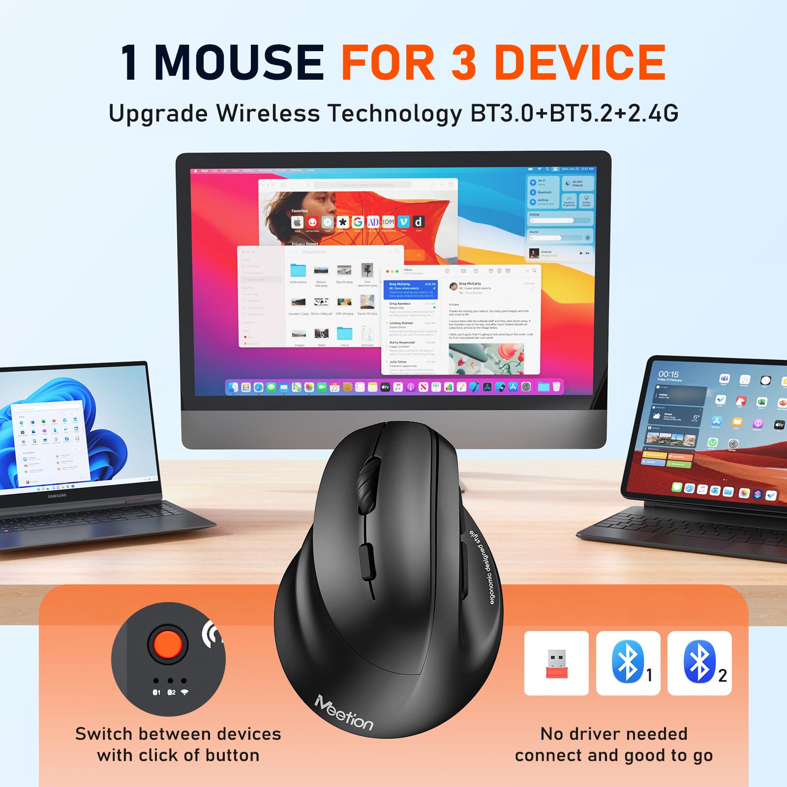 MEETION Mouse per mancini, Mouse ergonomico Mouse verticale senza fili RGB Ricaricabile per Bluetooth (5.2 + 3.0) e USB-A con adattatore Type-c 4 DPI regolabili per Mac/Windows/Andriod/PC/Tablet
