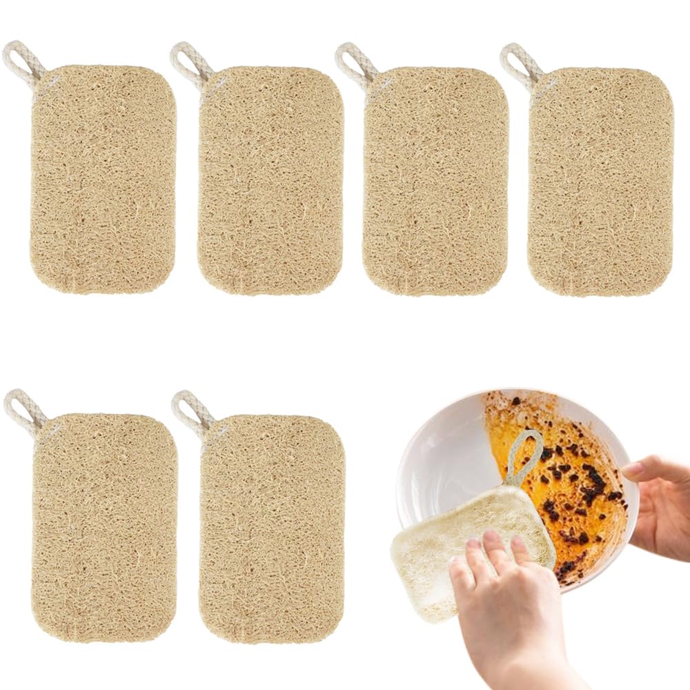 Premjcroy 6 Pcs Natural Loofah Dish Sponge Reusable Organic Dishwashing Sponges With Hanging Loop For Washing Dishes Pans Glassware