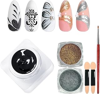 Mirco Sculpture Painting Nail Gel with Chrome Nail Powder, 3D Black Painting Carved Nail Gel, Metallic Mirror Effect, Creative Molding Gel for DIY Nail Home Salon Manicure Soak Off UV LED