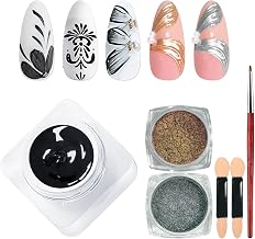 Mirco Sculpture Painting Nail Gel with Chrome Nail Powder, 3D Black Painting Carved Nail Gel, Metallic Mirror Effect, Creative Molding Gel for DIY Nail Home Salon Manicure Soak Off UV LED