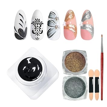 Black Mirco Sculpture Painting Nail Gel with Chrome Nail Powder