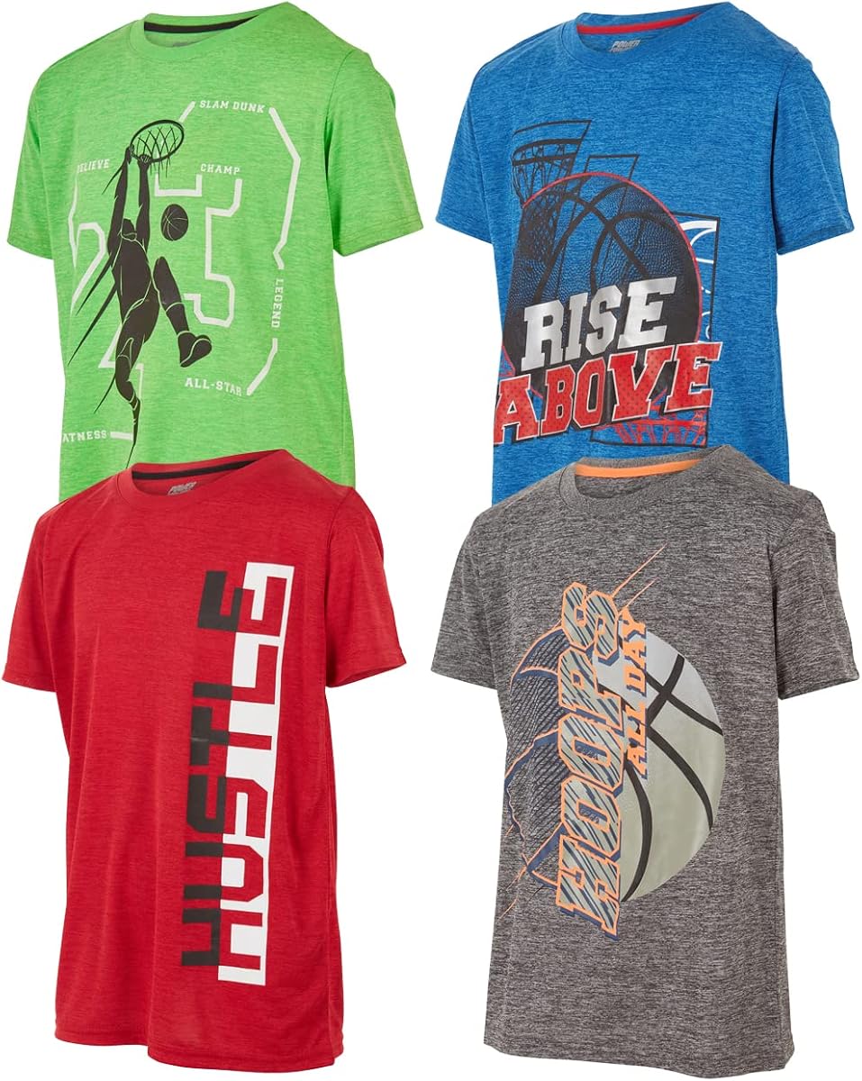 Paquete de 4 camisetas Power Forward para niños: manga corta con gráfico de baloncesto atlético | Tela suave y transpirable con estampados deportivos atrevidos y un ajuste activo fácil, ideal para deportes, clases de gimnasia y juegos activos.