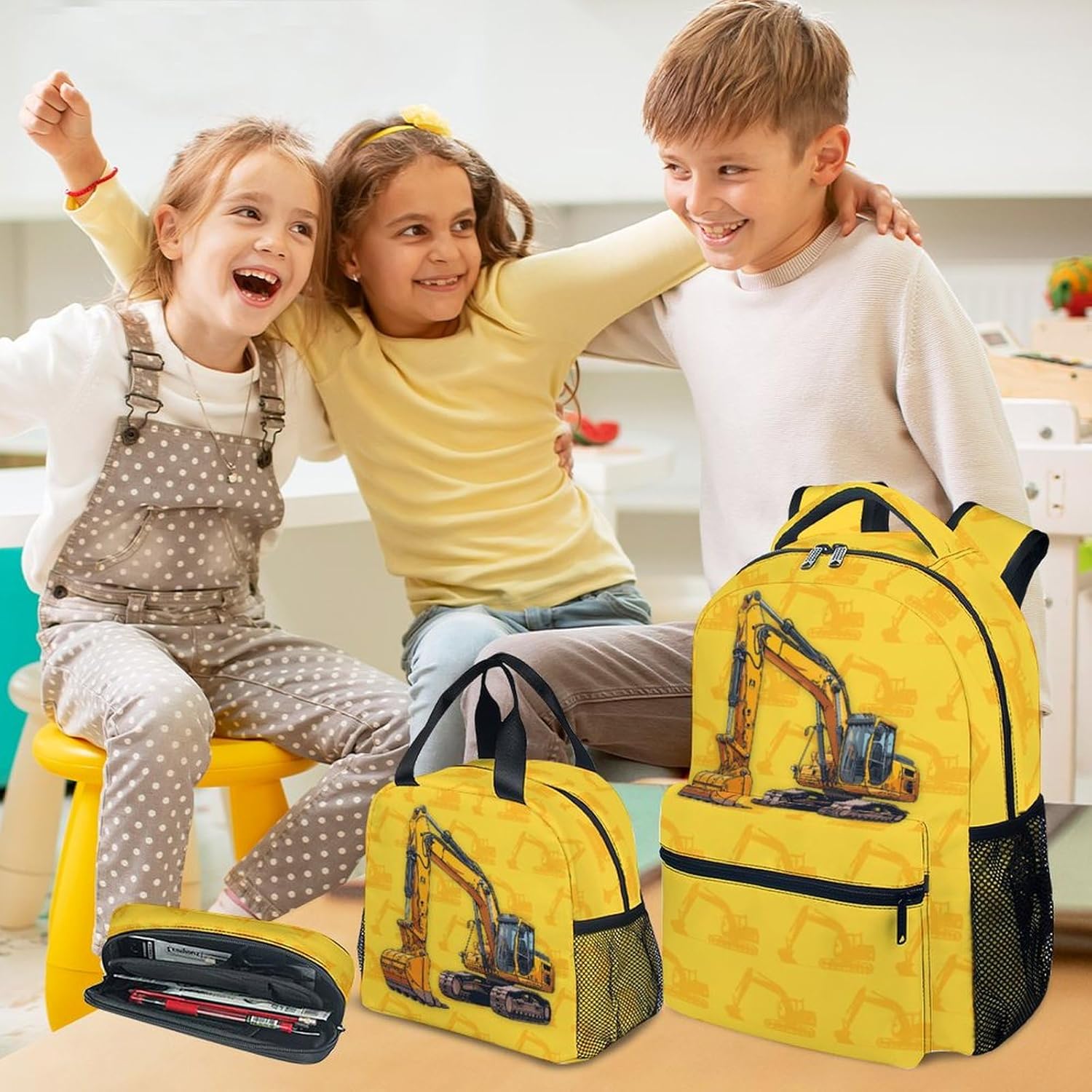 Backpack Set for School, 17 Inch Digger Backpacks for Elementary Middle, 3 in 1 Bookbag for Boys