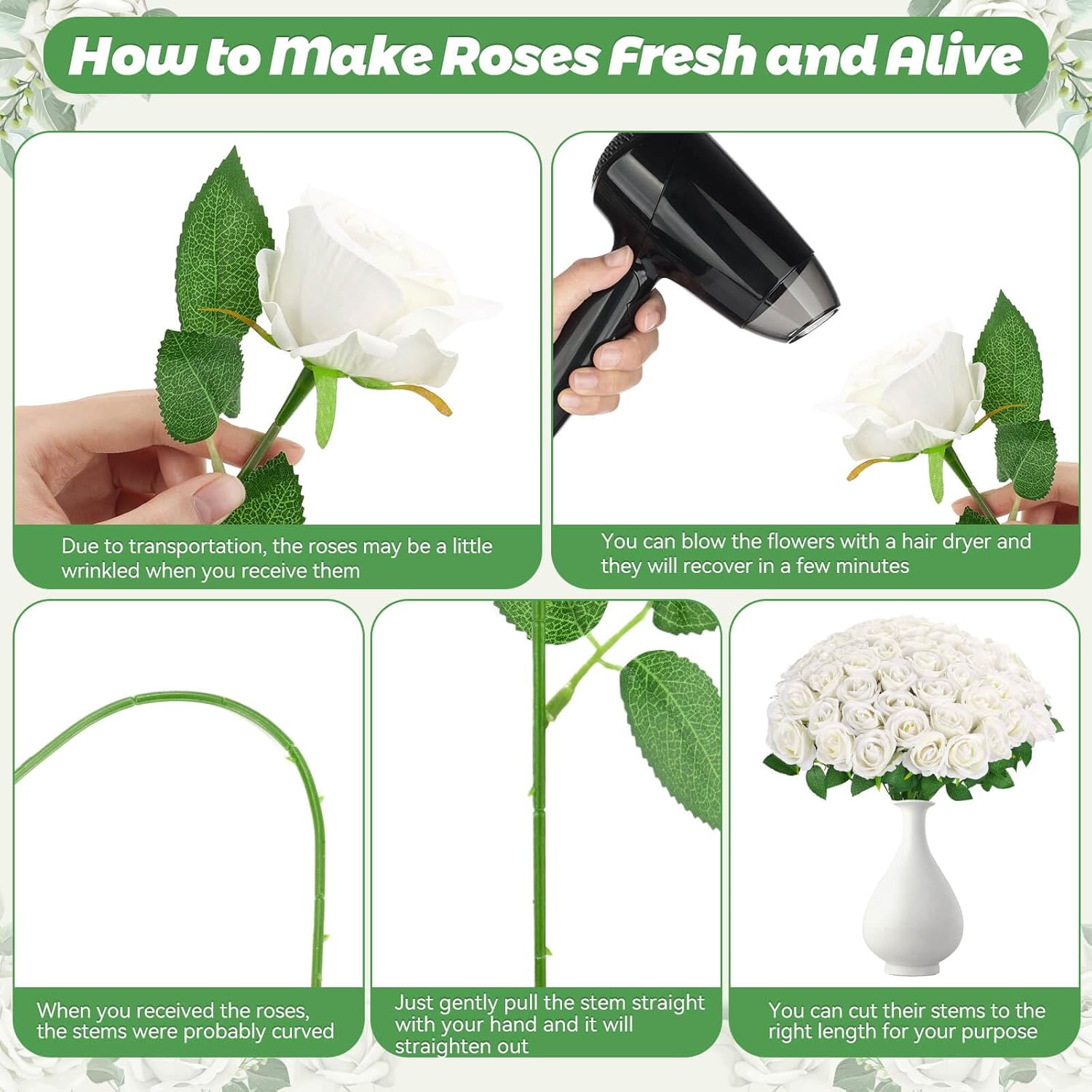 Caffox 70PCS White Rose Artificial Flowers with 50PCS Diamond Pins for Bouquets, Fake Silk Roses Flower for Home Decoration Wedding Party Table Centerpieces