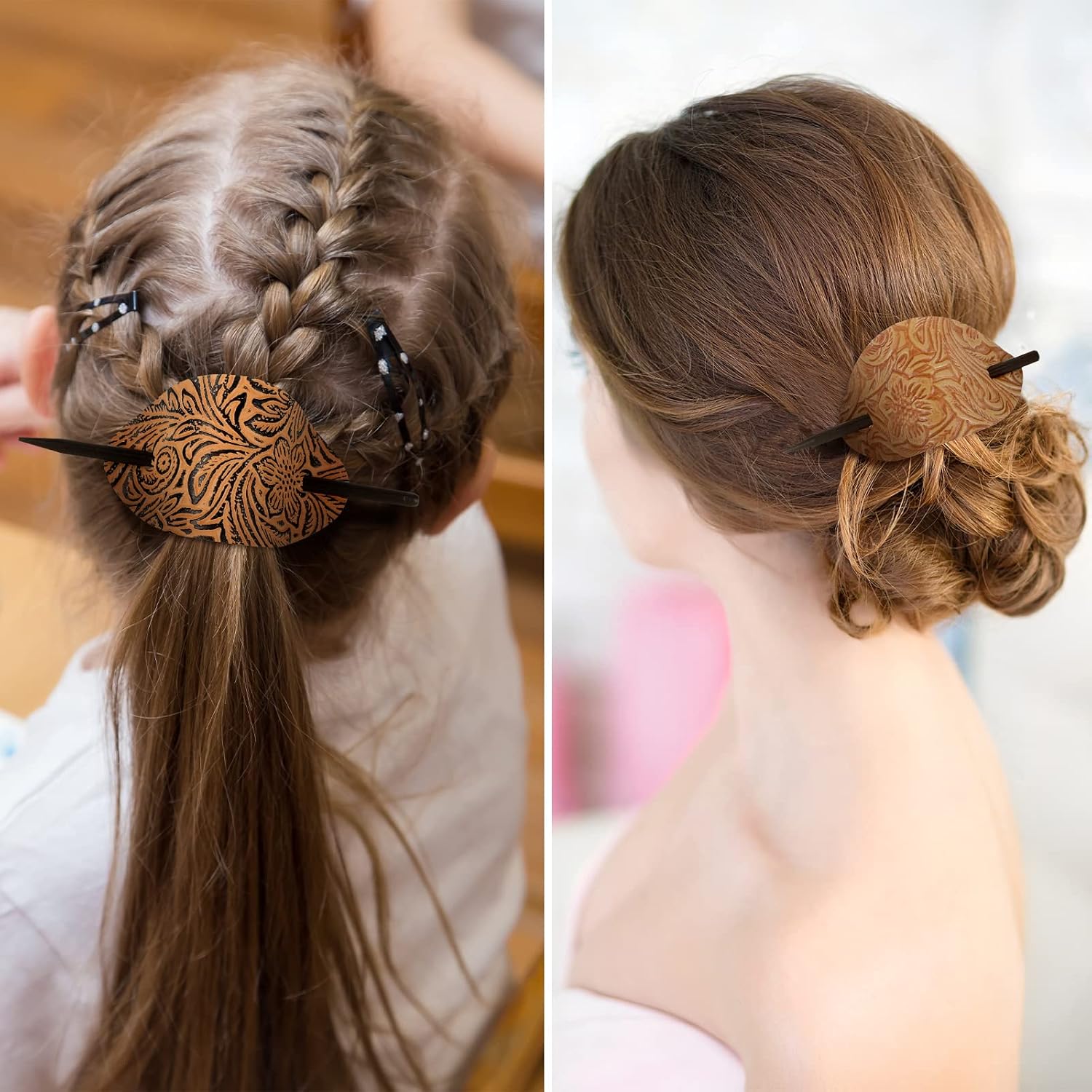 Hair Clip, 5 Pieces Faux Leather Barrette Hair Tie, Oval Shape Hair Slide Pins Ponytail Holders Hair Accessories for Women Girls (Vintage Style)