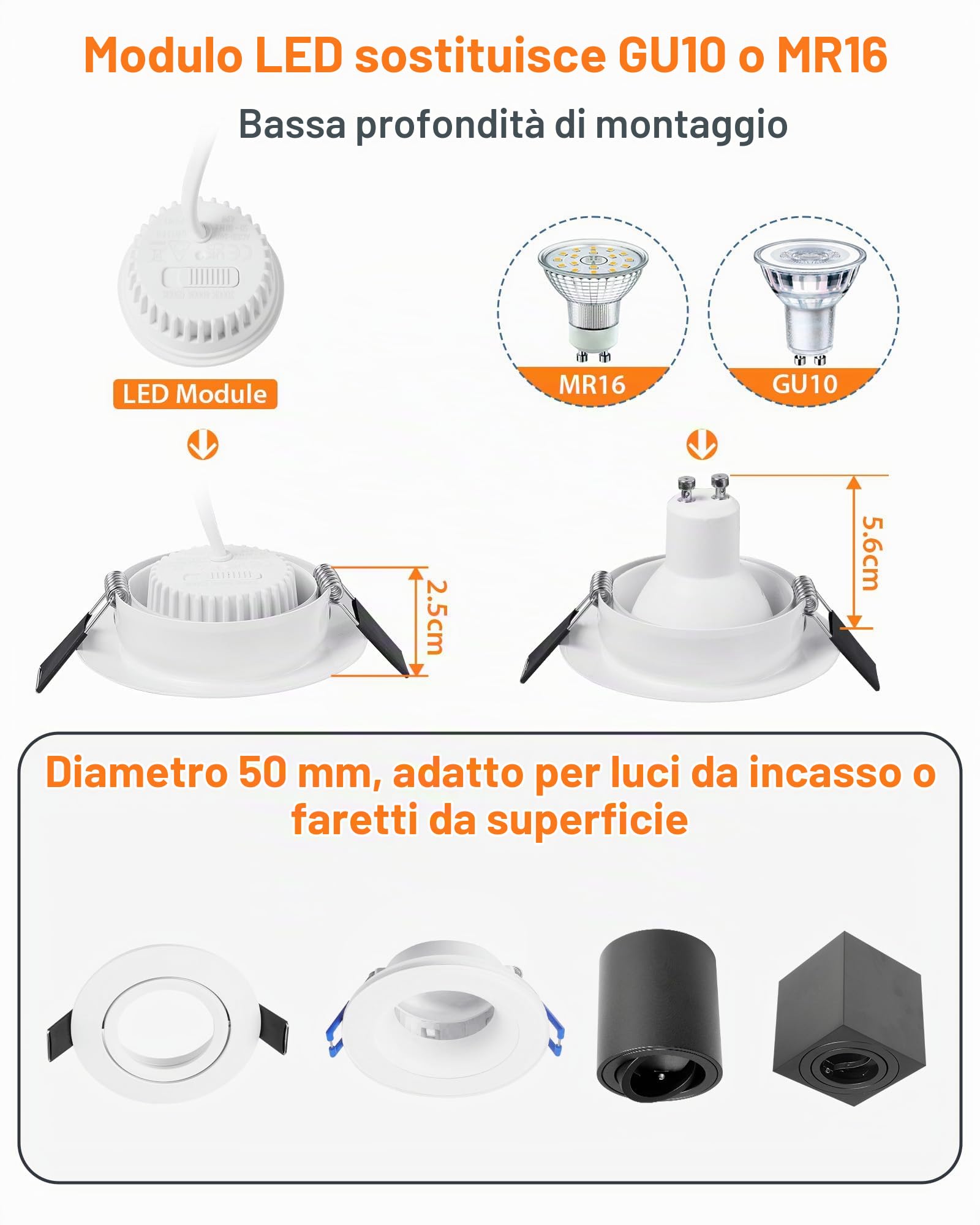 YindaLux 10x Modulo LED Dimmerabile ø50x23mm per faretti da incasso 4.9W 500LM 3CCT Bianco caldo 3000K Bianco neutro 4000K Bianco freddo 6500K IP44 120°Il modulo sostituisce le lampadine GU10 MR16
