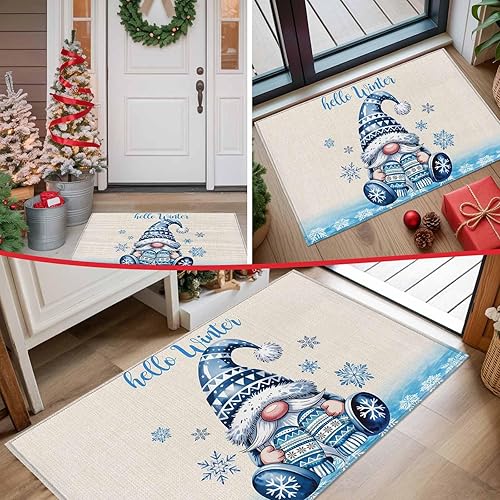 Miniatura 7 de Hello Winter - Tapete para puerta delantera, 18 x 30 pulgadas, tapete absorbente de gnomos de Navidad, copo de nieve azul, tapete lavable para baño,